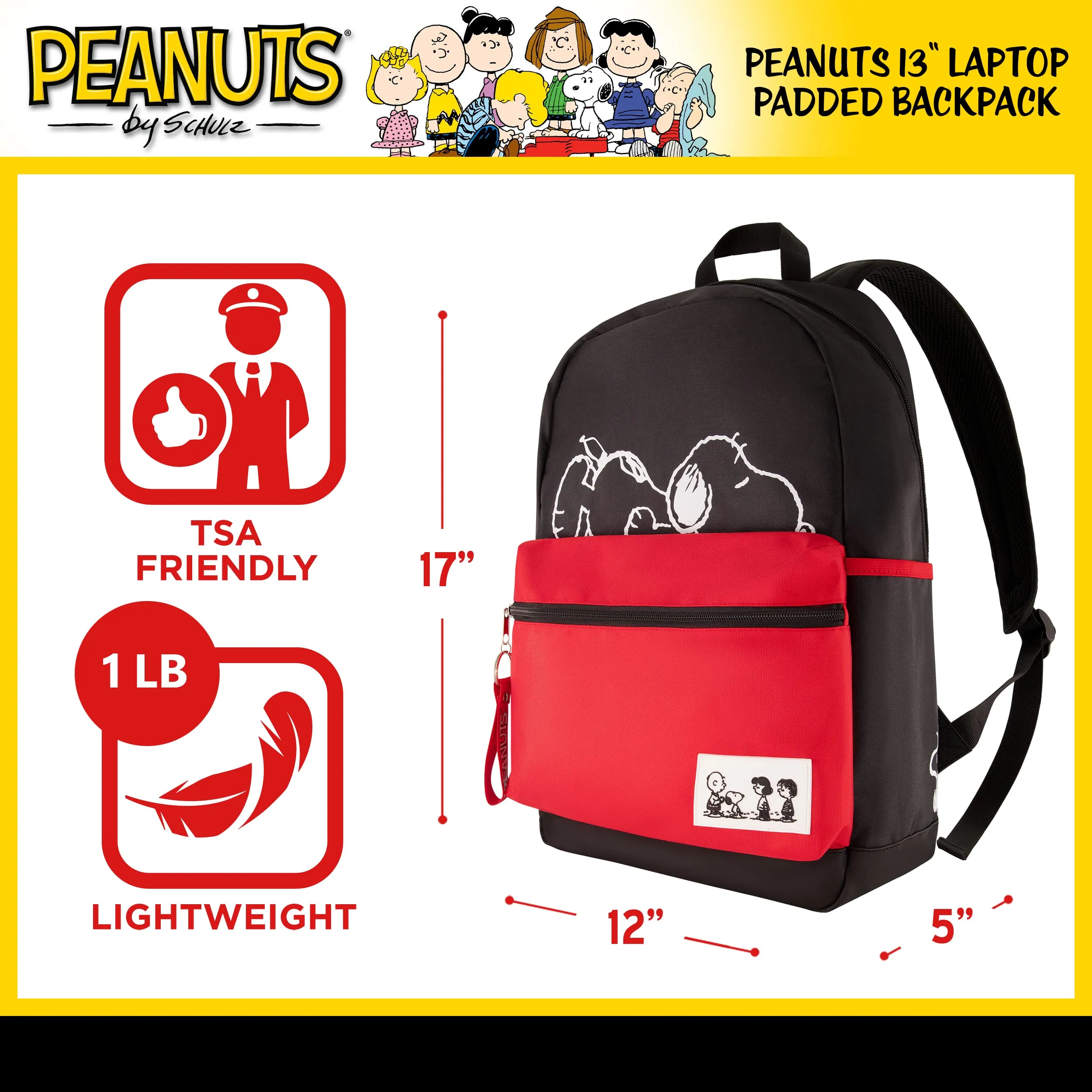 Peanuts 13 Inch Sleeve Backpack, Snoopy, Charlie Brown and Woodstock Padded Computer Bag for Commute or Travel, Multi