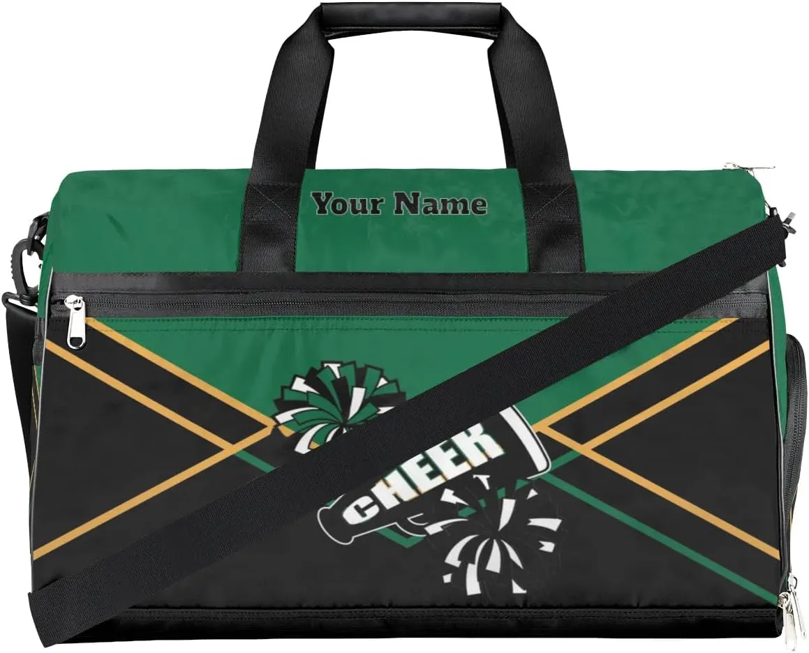 Personalized Cheer Duffel Bag Cheerleader Weekender Overnight Bag Custom Name Team Gift Lightweight Gymnastics Dance Bag Waterproof Sport Gym Travel Collapsible Carry on Tote Bag Green Gold Black