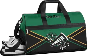 Personalized Cheer Duffel Bag Cheerleader Weekender Overnight Bag Custom Name Team Gift Lightweight Gymnastics Dance Bag Waterproof Sport Gym Travel Collapsible Carry on Tote Bag Green Gold Black