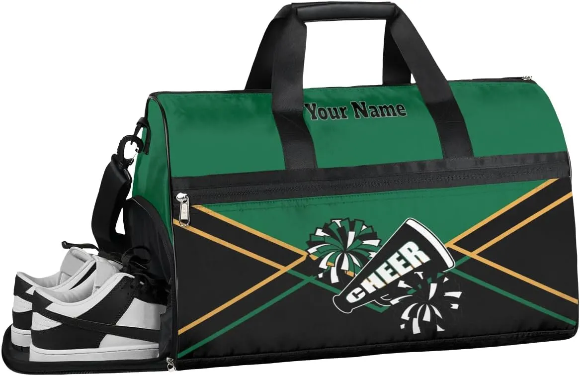 Personalized Cheer Duffel Bag Cheerleader Weekender Overnight Bag Custom Name Team Gift Lightweight Gymnastics Dance Bag Waterproof Sport Gym Travel Collapsible Carry on Tote Bag Green Gold Black