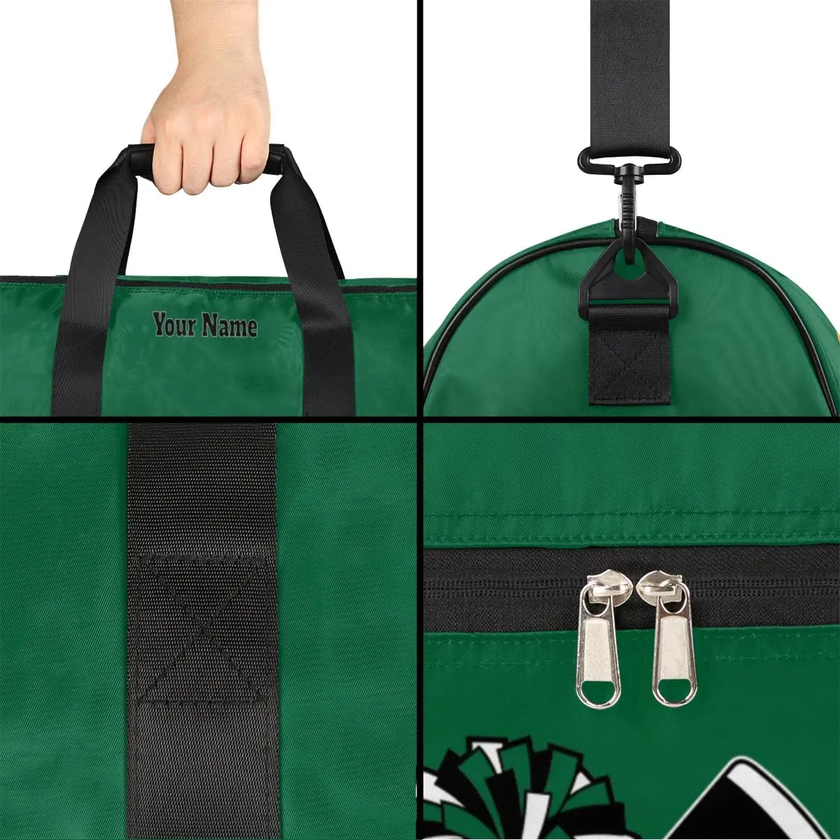 Personalized Cheer Duffel Bag Cheerleader Weekender Overnight Bag Custom Name Team Gift Lightweight Gymnastics Dance Bag Waterproof Sport Gym Travel Collapsible Carry on Tote Bag Green Gold Black