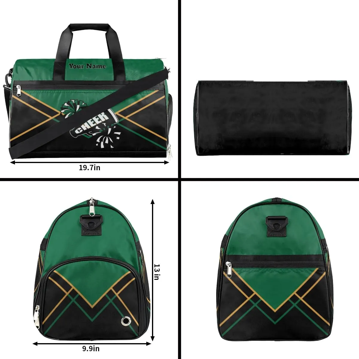 Personalized Cheer Duffel Bag Cheerleader Weekender Overnight Bag Custom Name Team Gift Lightweight Gymnastics Dance Bag Waterproof Sport Gym Travel Collapsible Carry on Tote Bag Green Gold Black