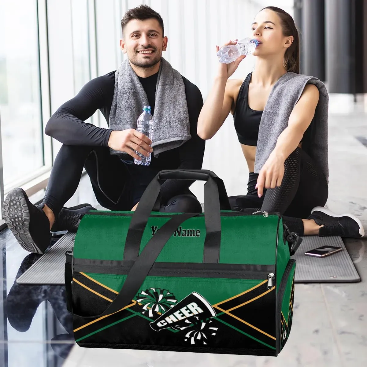 Personalized Cheer Duffel Bag Cheerleader Weekender Overnight Bag Custom Name Team Gift Lightweight Gymnastics Dance Bag Waterproof Sport Gym Travel Collapsible Carry on Tote Bag Green Gold Black