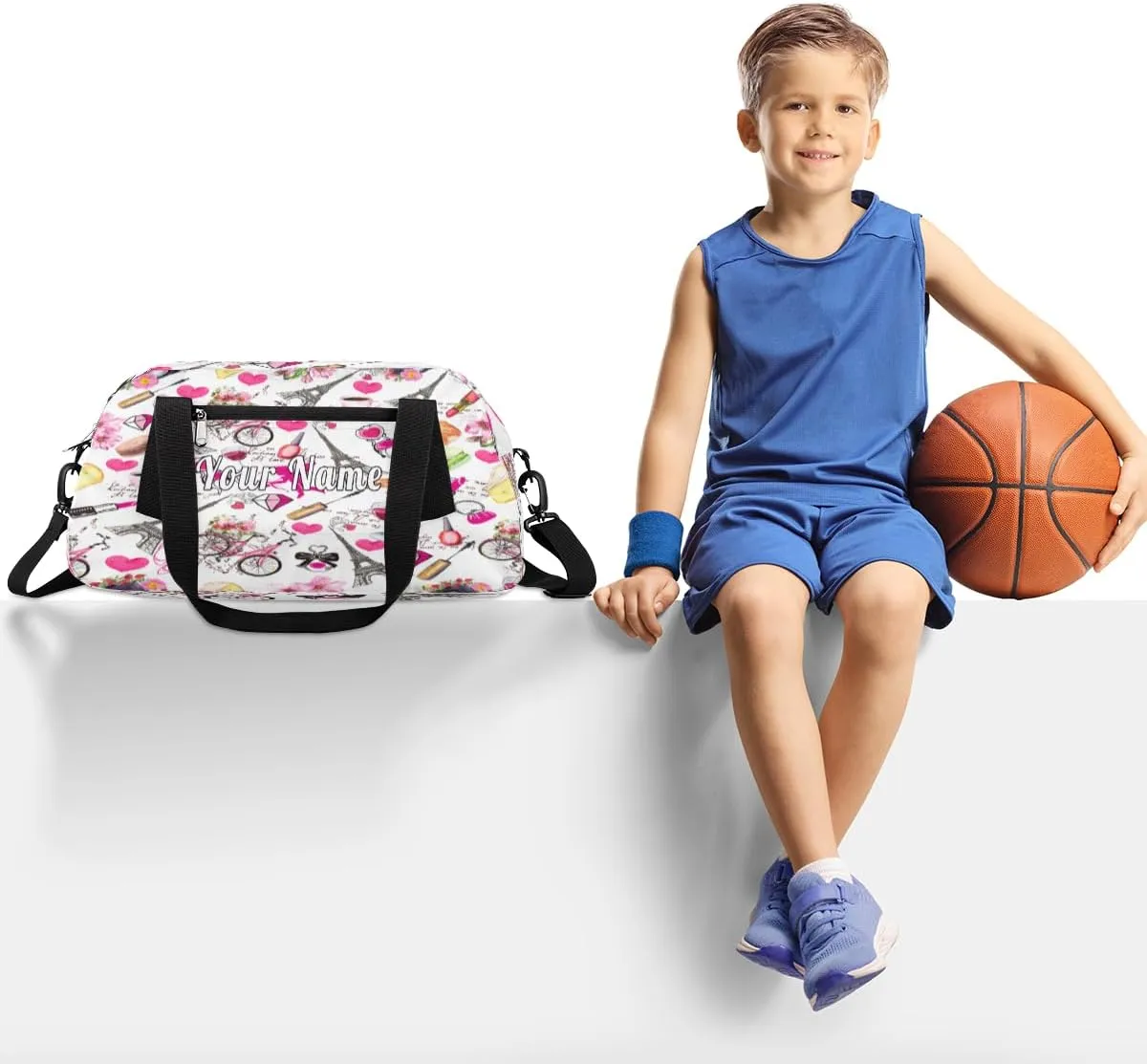 Personalized Kids Duffel Bag Paris Eiffel Tower Romantic,Custom Sport Gym Bag for Boys Girls,WWeekender Overnight Bags Travel Duffel Bag,Customized Kids Gift