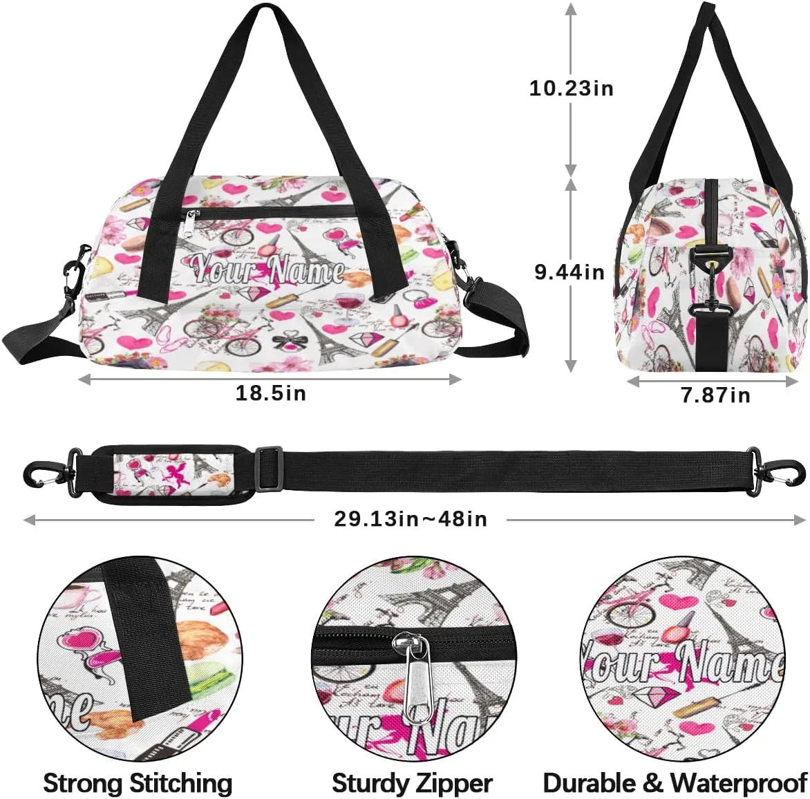Personalized Kids Duffel Bag Paris Eiffel Tower Romantic,Custom Sport Gym Bag for Boys Girls,WWeekender Overnight Bags Travel Duffel Bag,Customized Kids Gift