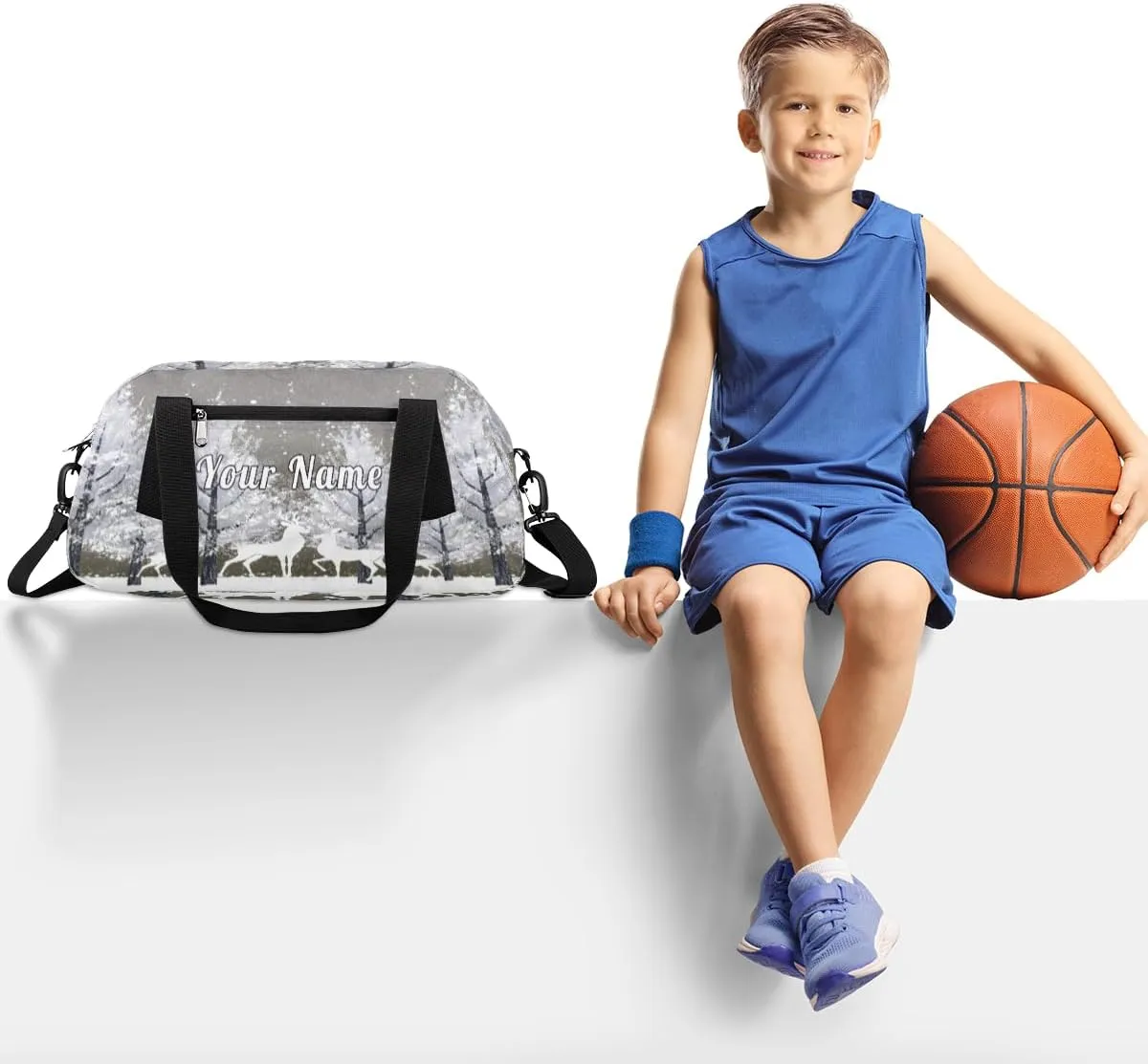 Personalized Kids Duffel Bag Snow Forest Animal Deer,Custom Sport Gym Bag for Boys Girls,WWeekender Overnight Bags Travel Duffel Bag,Customized Kids Gift