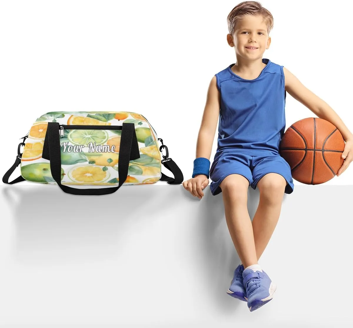 Personalized Kids Duffel Bag Watercolor Fruit Lemon Lime Leaves,Custom Sport Gym Bag for Boys Girls,WWeekender Overnight Bags Travel Duffel Bag,Customized Kids Gift