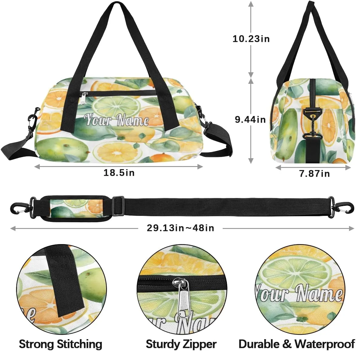 Personalized Kids Duffel Bag Watercolor Fruit Lemon Lime Leaves,Custom Sport Gym Bag for Boys Girls,WWeekender Overnight Bags Travel Duffel Bag,Customized Kids Gift