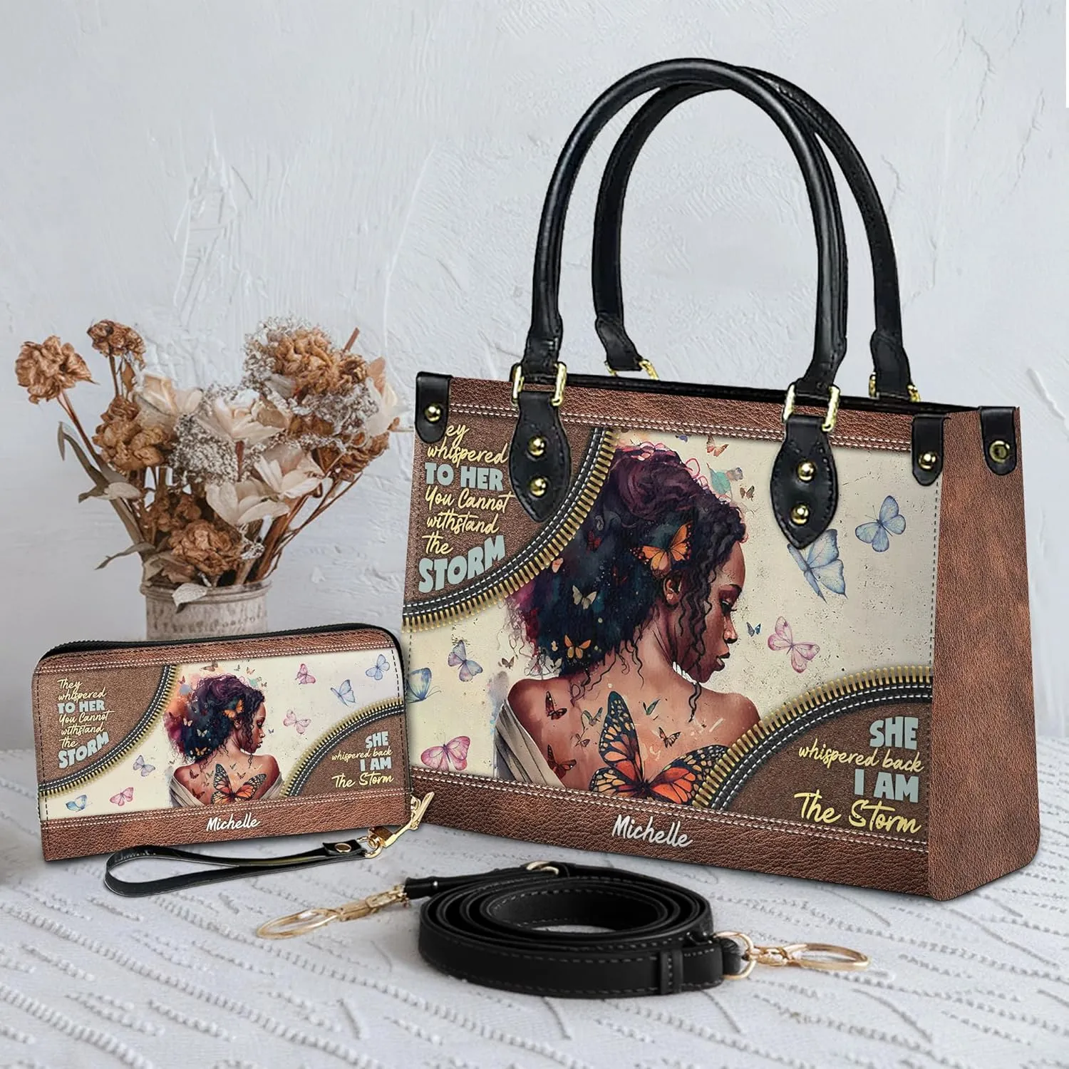 Personalized Leather Handbag For Black African Women – Matching Purse and Wallet Set – Mother's Day Gifts for Melanin Woman