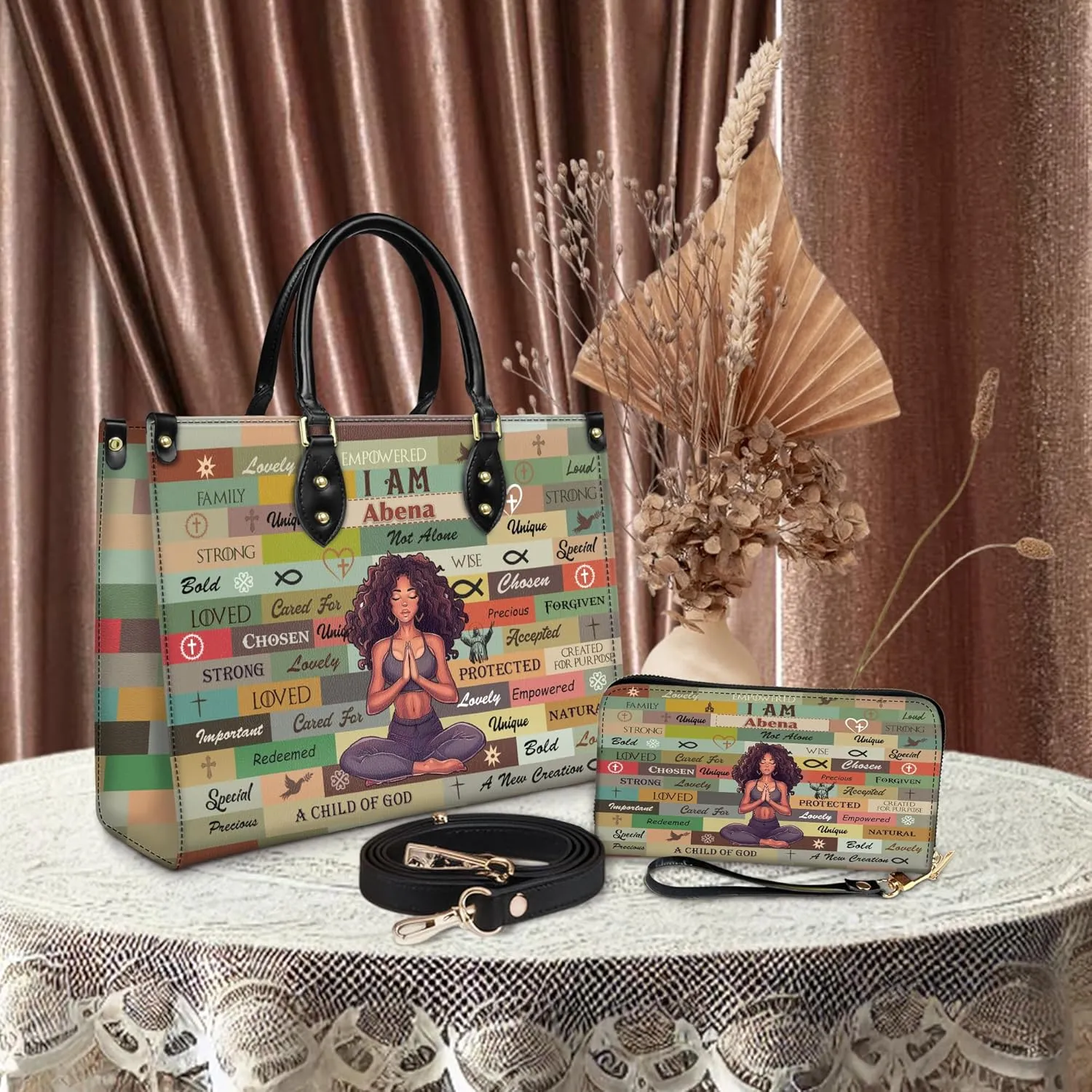 Personalized Leather Handbag For Black African Women – Matching Purse and Wallet Set – Mother's Day Gifts for Melanin Woman