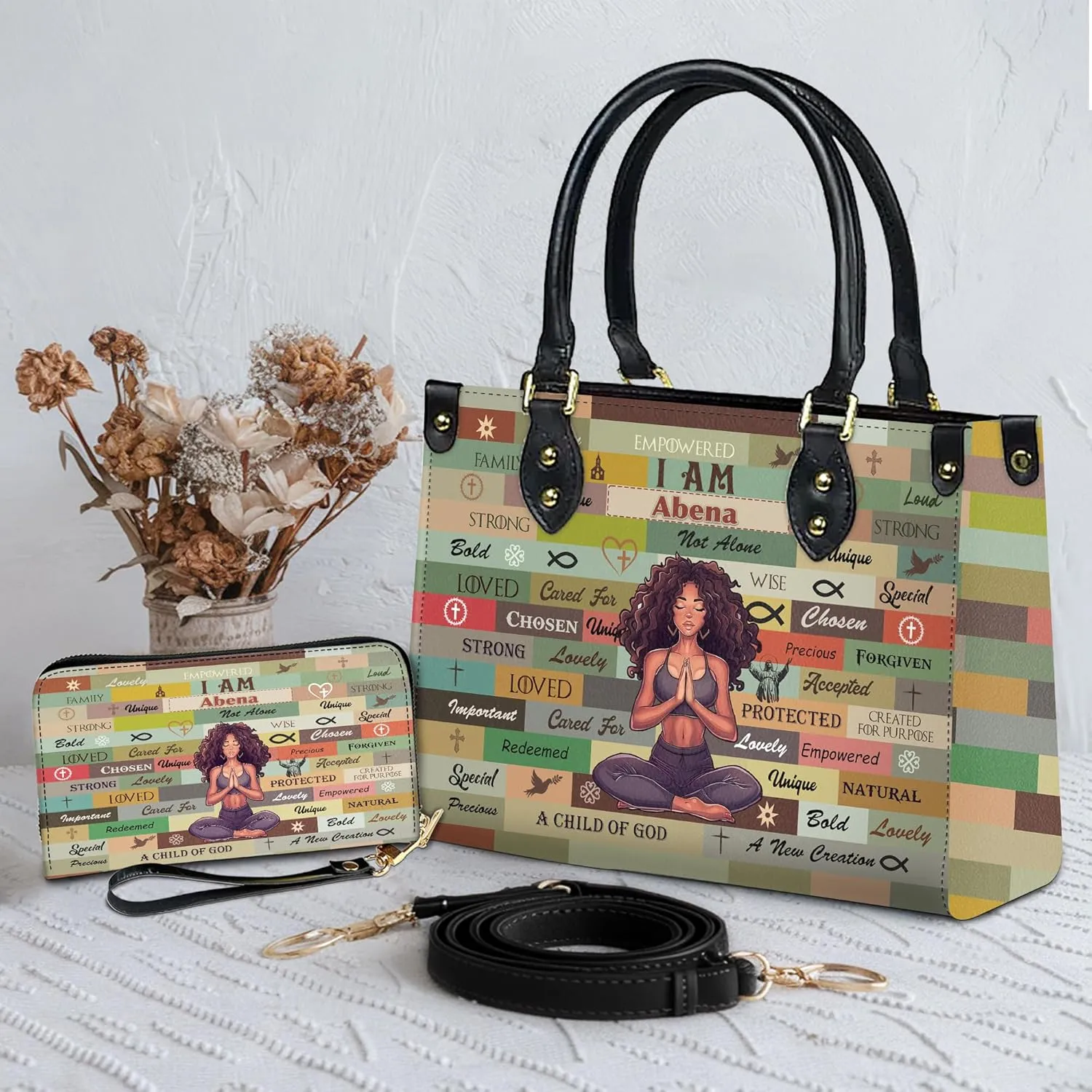 Personalized Leather Handbag For Black African Women – Matching Purse and Wallet Set – Mother's Day Gifts for Melanin Woman