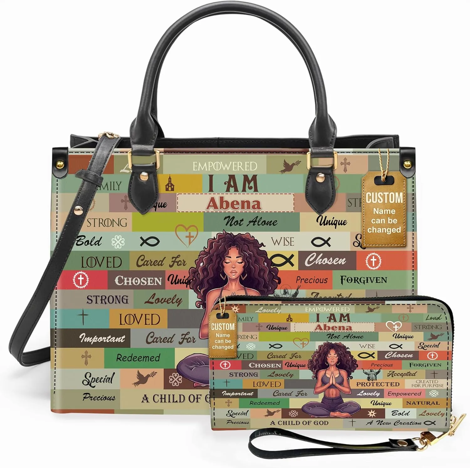Personalized Leather Handbag For Black African Women – Matching Purse and Wallet Set – Mother's Day Gifts for Melanin Woman