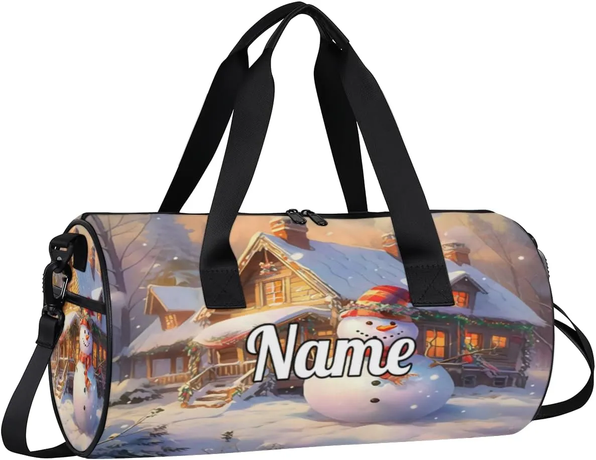 Personalized Sport Gym Bag Dance Duffle Ballet Bag Overnight Travel Sleepover Bags Swimming Hiking Camping, Christmas Snowman Print