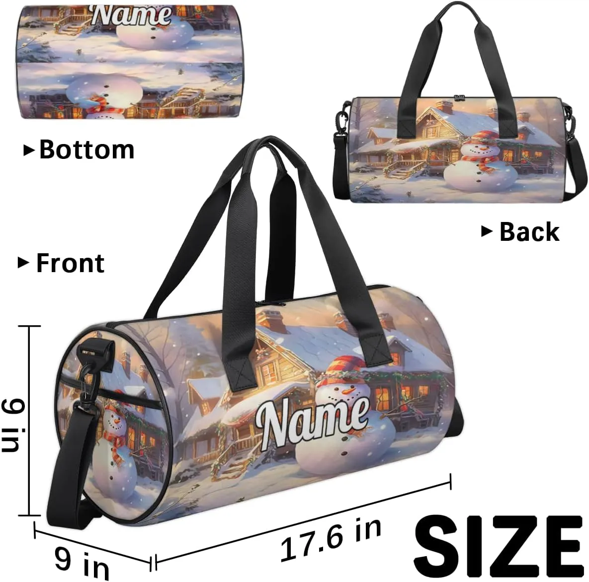 Personalized Sport Gym Bag Dance Duffle Ballet Bag Overnight Travel Sleepover Bags Swimming Hiking Camping, Christmas Snowman Print