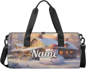 Personalized Sport Gym Bag Dance Duffle Ballet Bag Overnight Travel Sleepover Bags Swimming Hiking Camping, Christmas Snowman Print