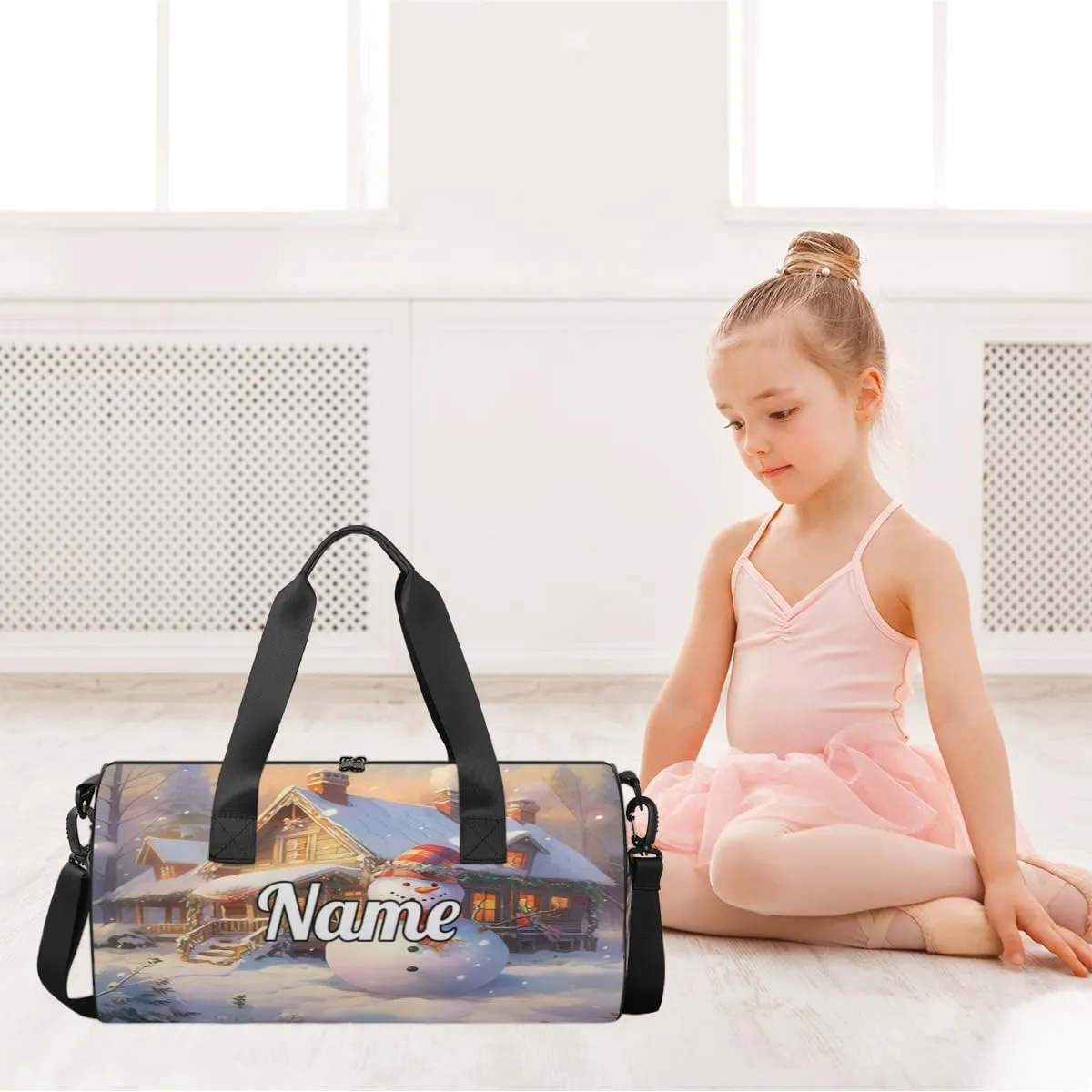 Personalized Sport Gym Bag Dance Duffle Ballet Bag Overnight Travel Sleepover Bags Swimming Hiking Camping, Christmas Snowman Print