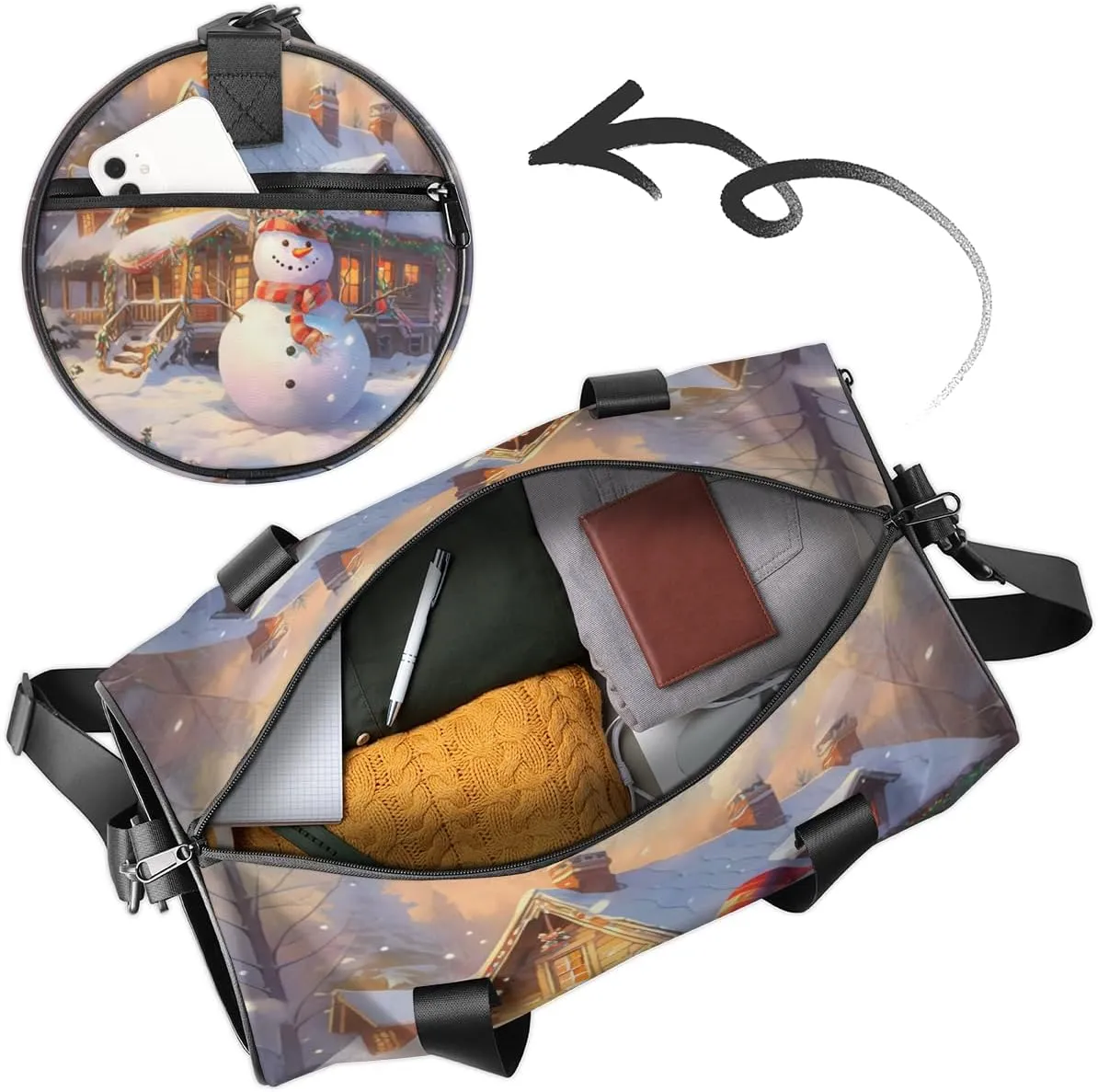 Personalized Sport Gym Bag Dance Duffle Ballet Bag Overnight Travel Sleepover Bags Swimming Hiking Camping, Christmas Snowman Print