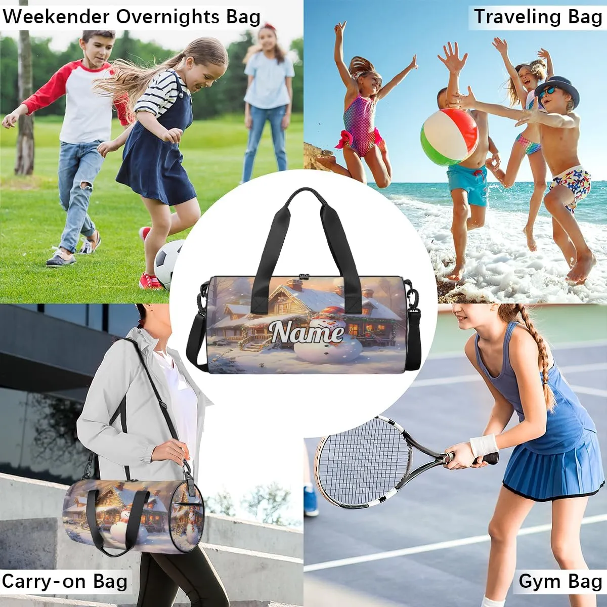 Personalized Sport Gym Bag Dance Duffle Ballet Bag Overnight Travel Sleepover Bags Swimming Hiking Camping, Christmas Snowman Print
