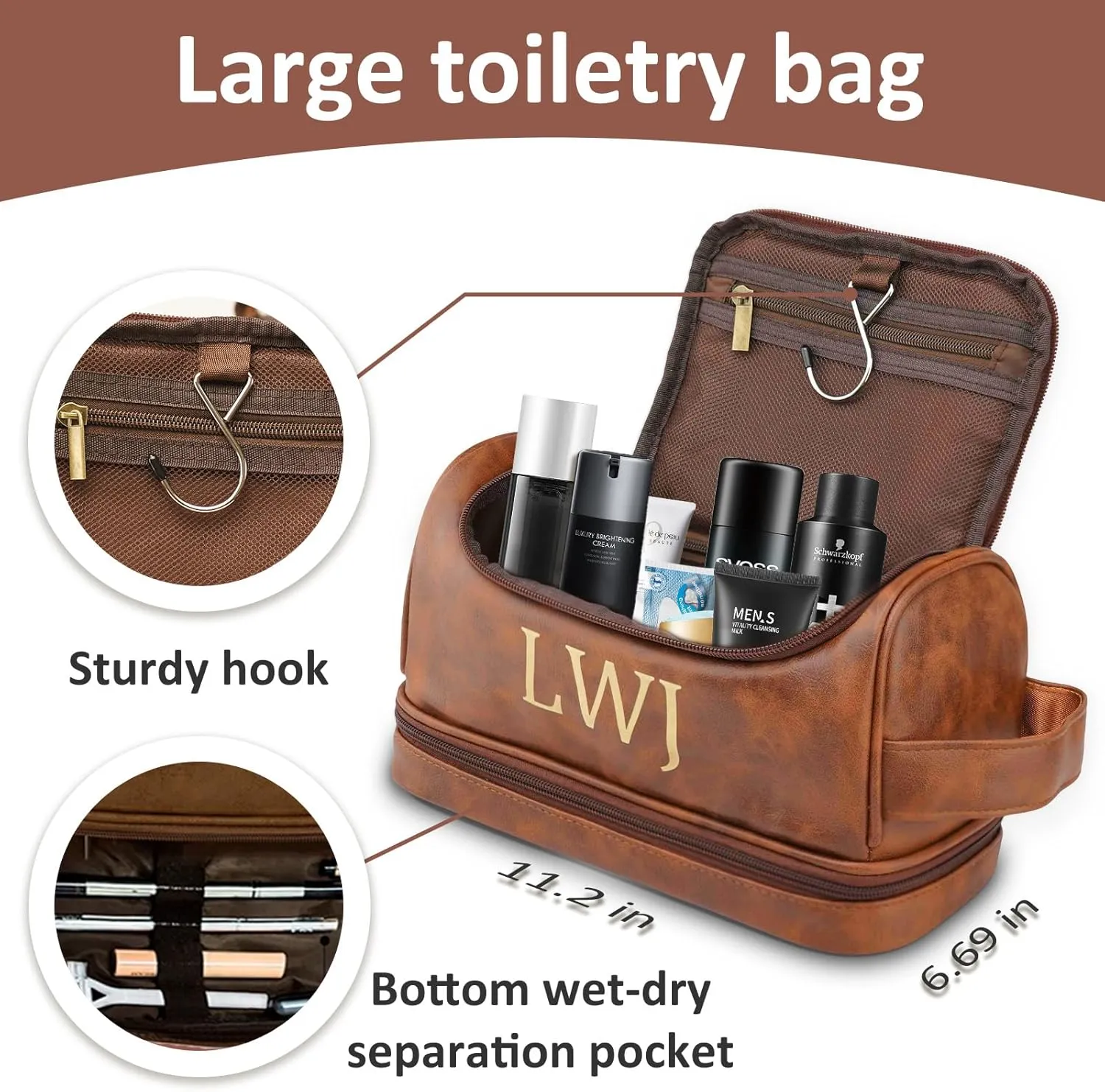 Personalized Toiletry Bag for Men, Custom Leather Toiletry Bag, Double Sided customization, Men Dopp Kit Gift, Gifts for Boyfriend, Dad, Son Husband Father's Day, Wedding, Anniversay, Birthday