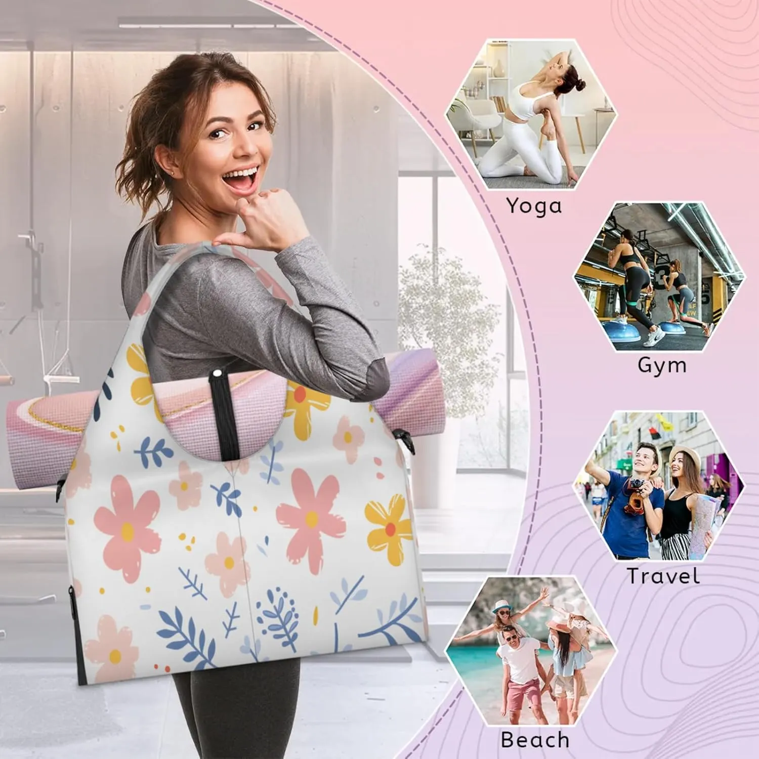 Petal Parade Waterproof Gym Bag for Men Women, Sports Duffel Bag with Shoe Compartment Yoga Mat Holder, Portable Large Travel Bag for Fitness, Camping, Weekend Trips