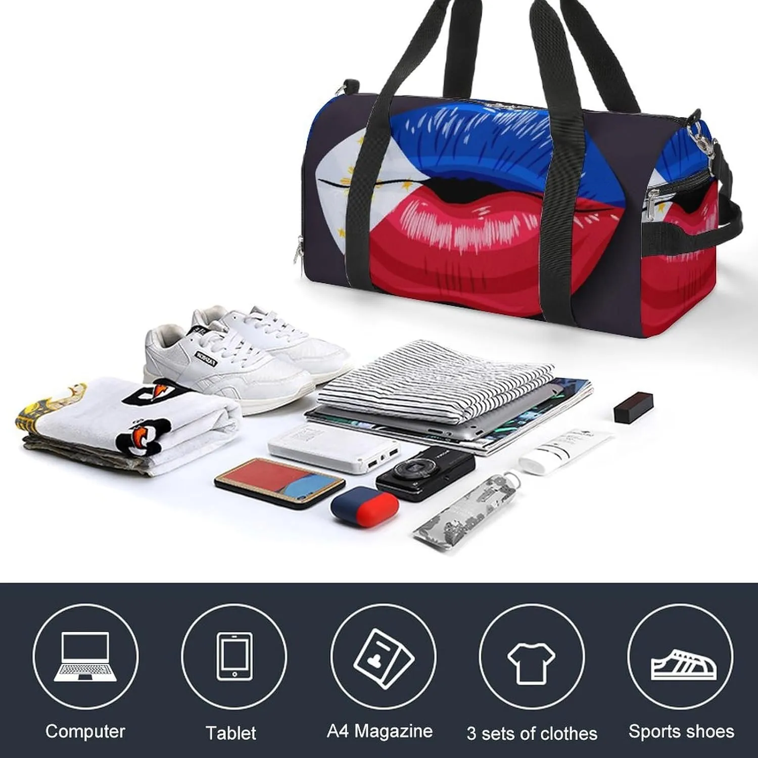 Philippines Flag Lips Duffel Bag for Men Women with Shoe Compartment Lightweight Gym Bag