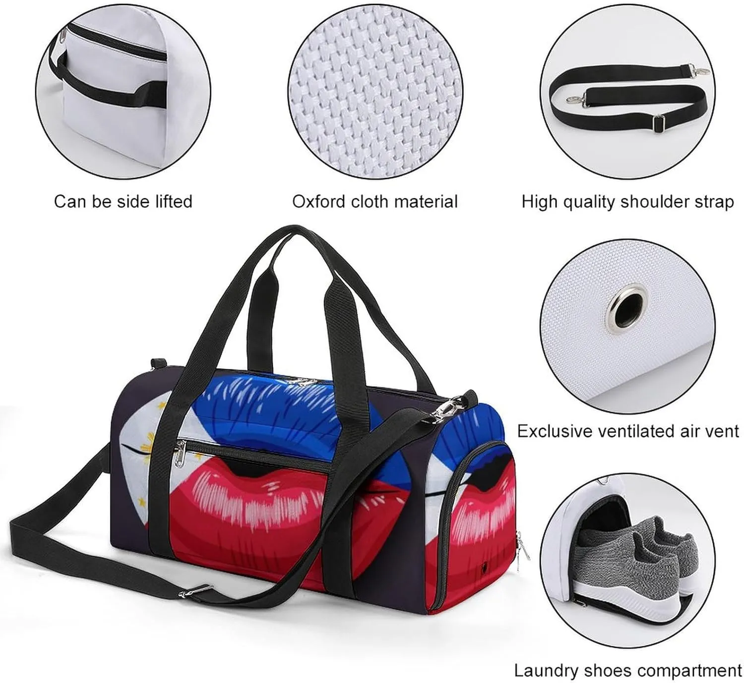 Philippines Flag Lips Duffel Bag for Men Women with Shoe Compartment Lightweight Gym Bag
