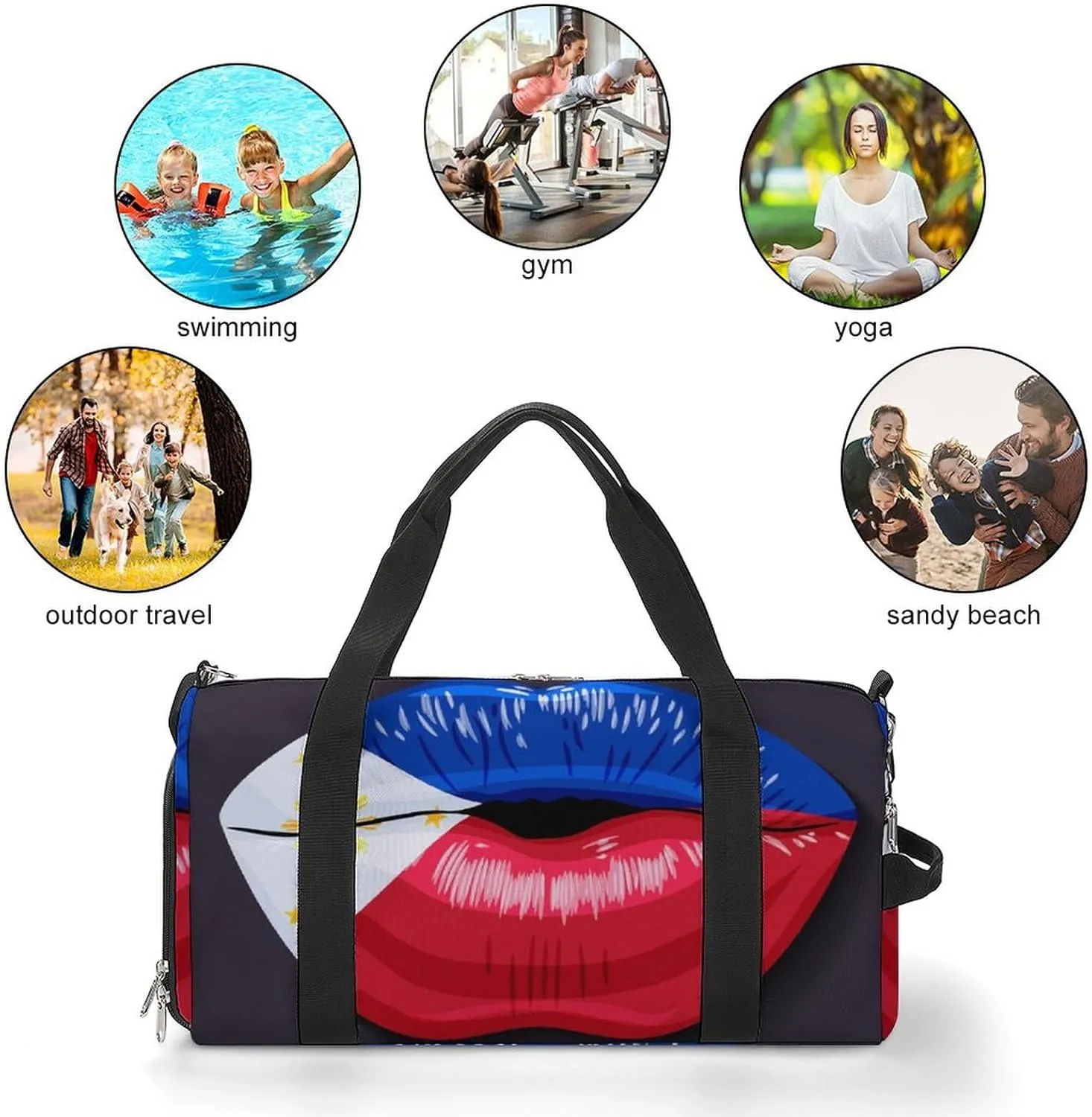 Philippines Flag Lips Duffel Bag for Men Women with Shoe Compartment Lightweight Gym Bag