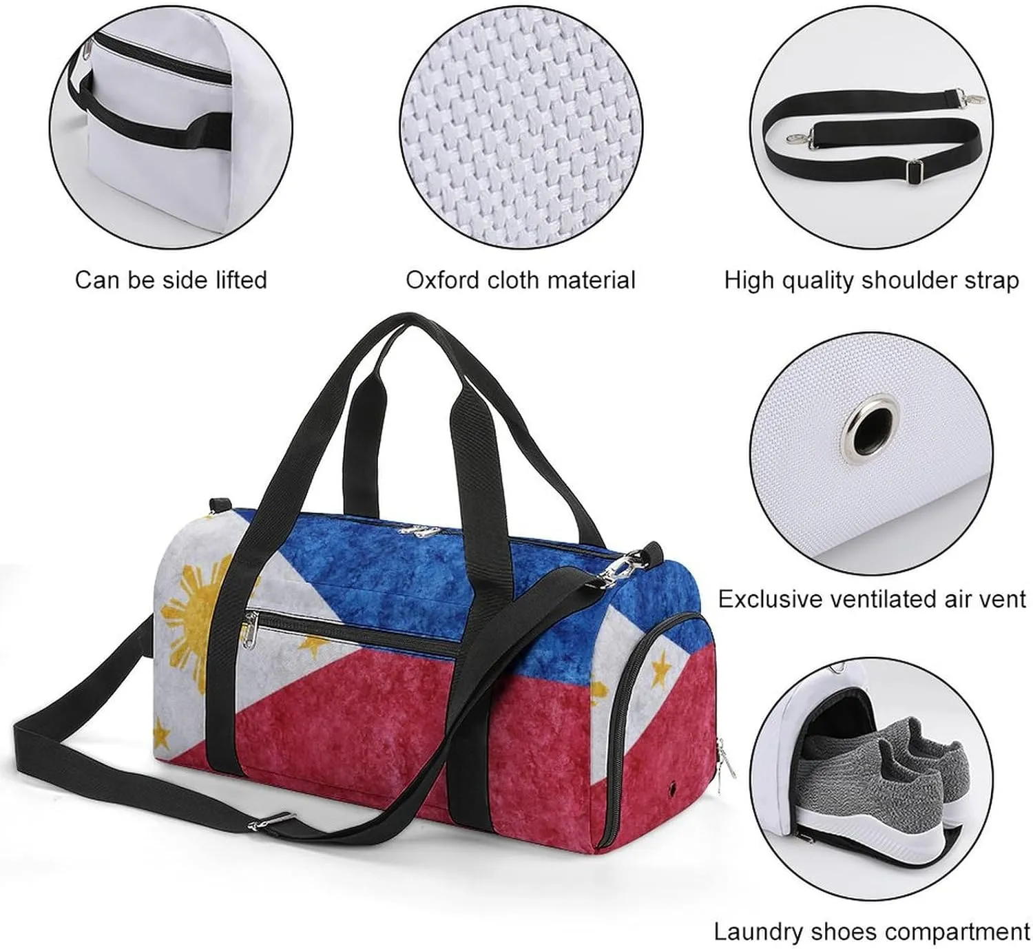 Philippines Flag Textured Gym Duffel Bag for Men Women with Wet Pocket and Shoe Compartment