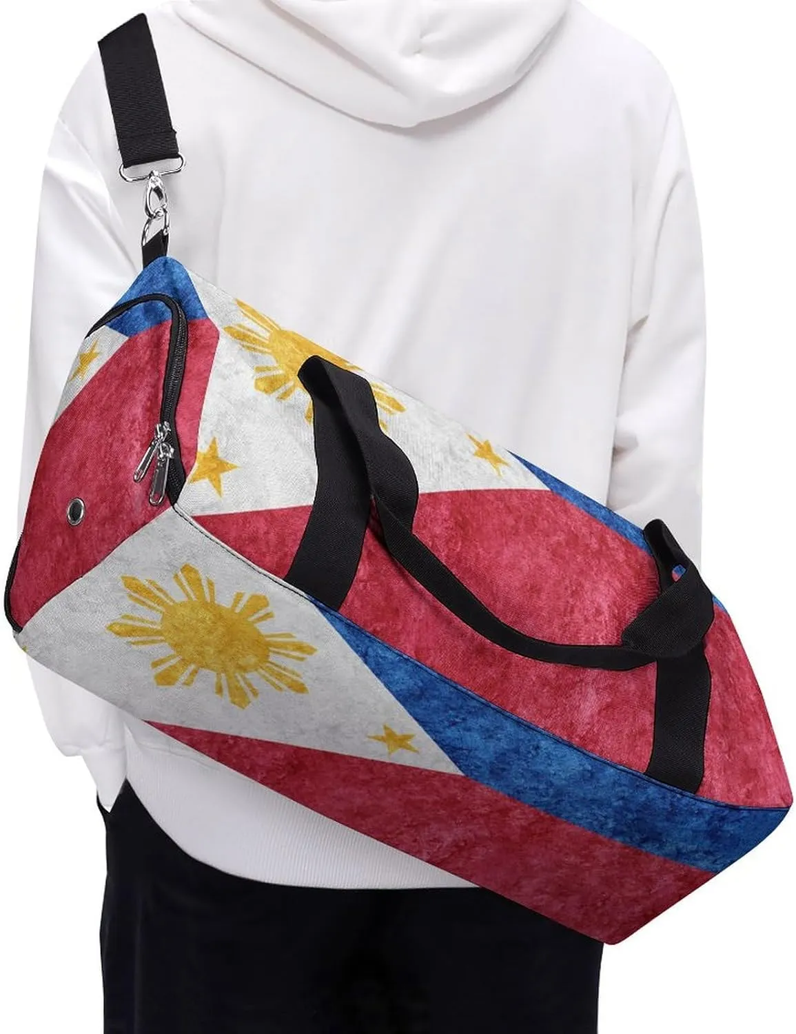 Philippines Flag Textured Gym Duffel Bag for Men Women with Wet Pocket and Shoe Compartment