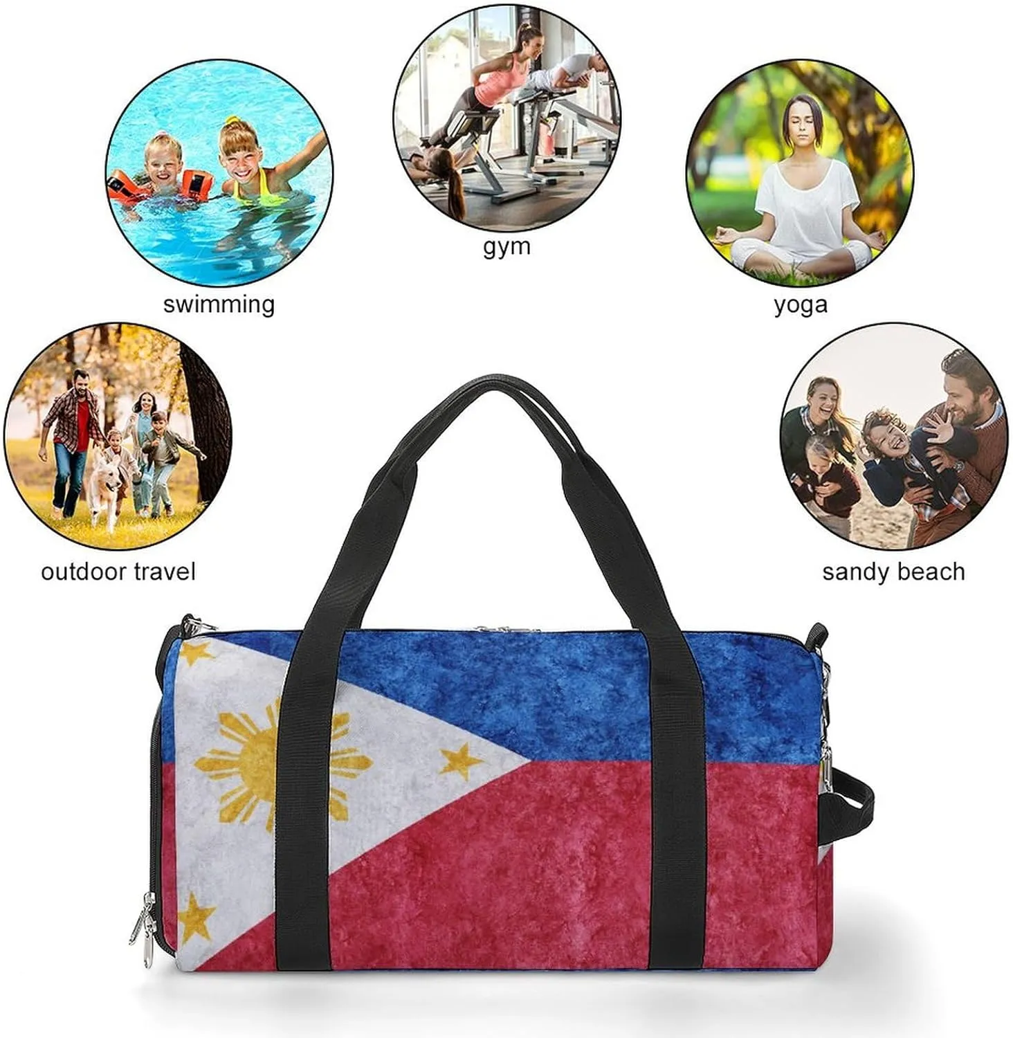 Philippines Flag Textured Gym Duffel Bag for Men Women with Wet Pocket and Shoe Compartment