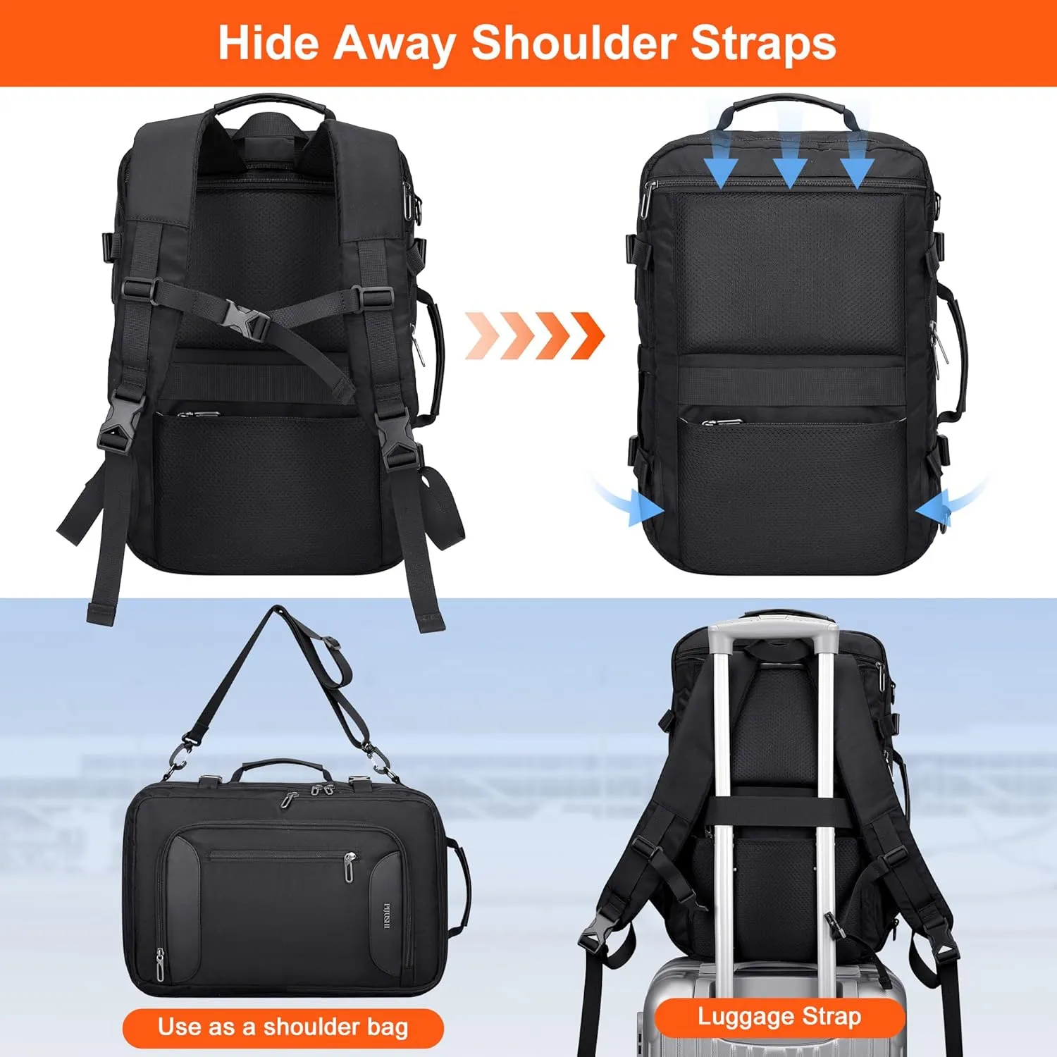 PIJUSHI Travel Backpack for Women Men Flight Approved Carry on Bag 16 inch Laptop Personal Item Daypack with Shoe Compartment(PE038 Black)
