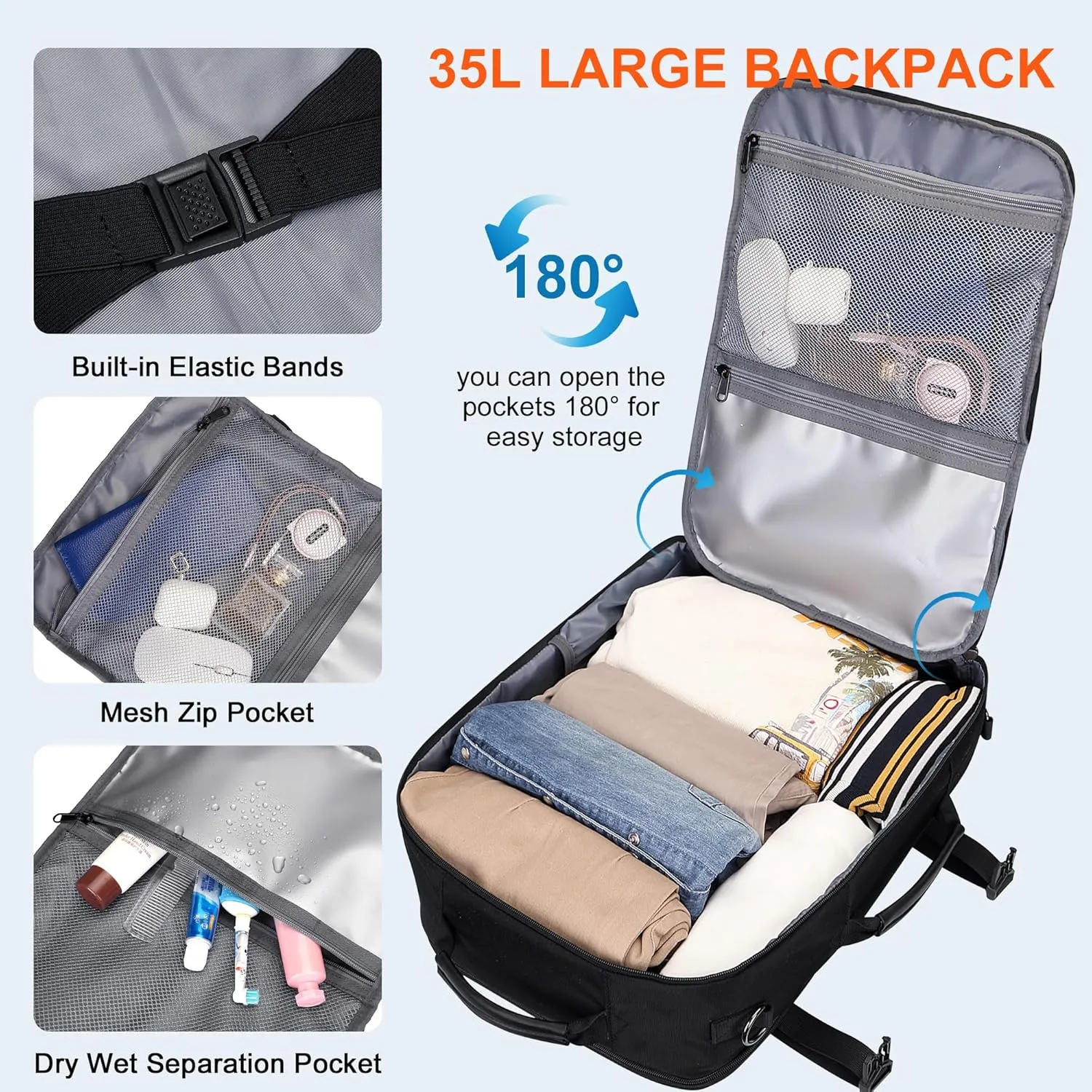 PIJUSHI Travel Backpack for Women Men Flight Approved Carry on Bag 16 inch Laptop Personal Item Daypack with Shoe Compartment(PE038 Black)