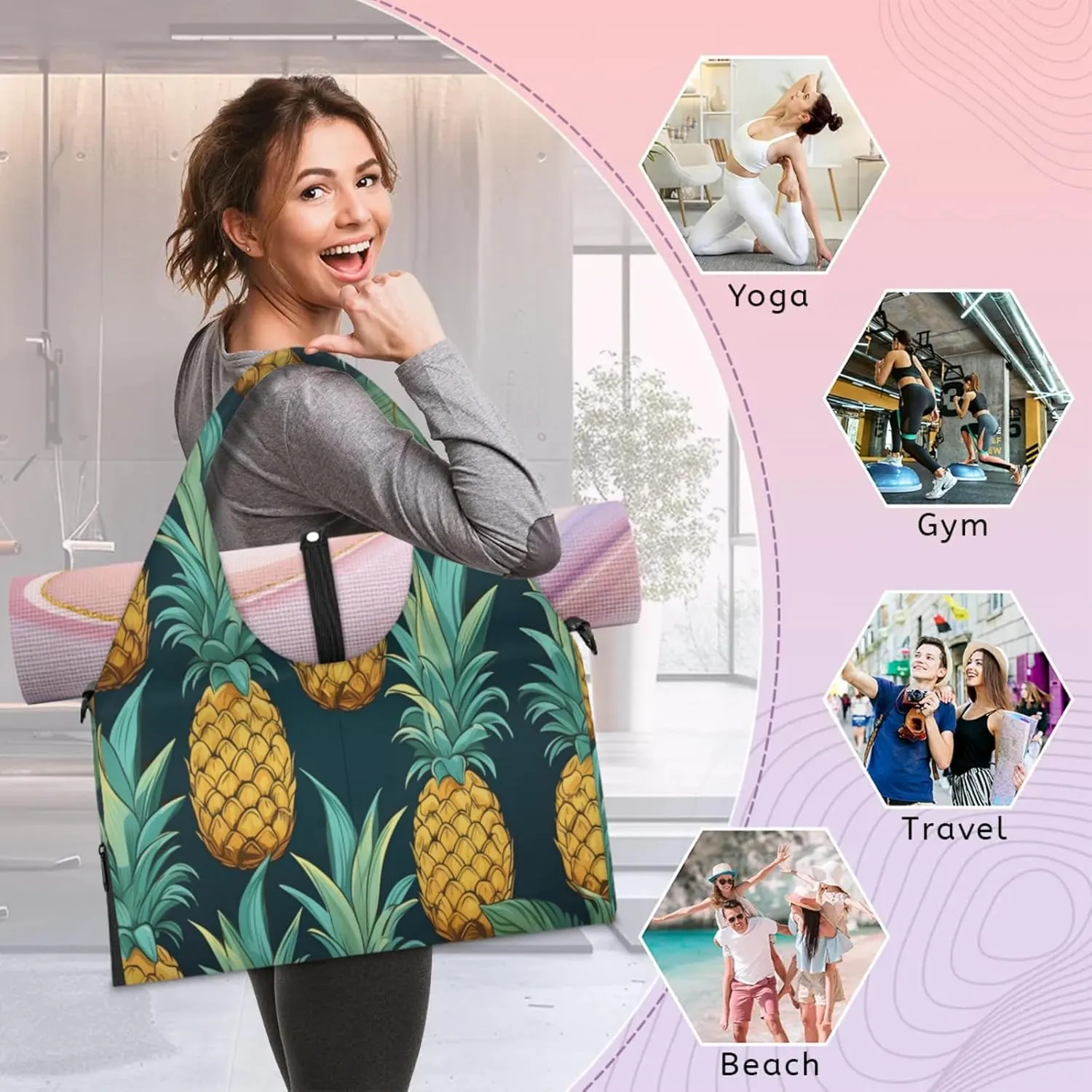 Pineapple Tropical Waterproof Gym Bag for Men Women, Sports Duffel Bag with Shoe Compartment Yoga Mat Holder, Portable Large Travel Bag for Fitness, Camping, Weekend Trips