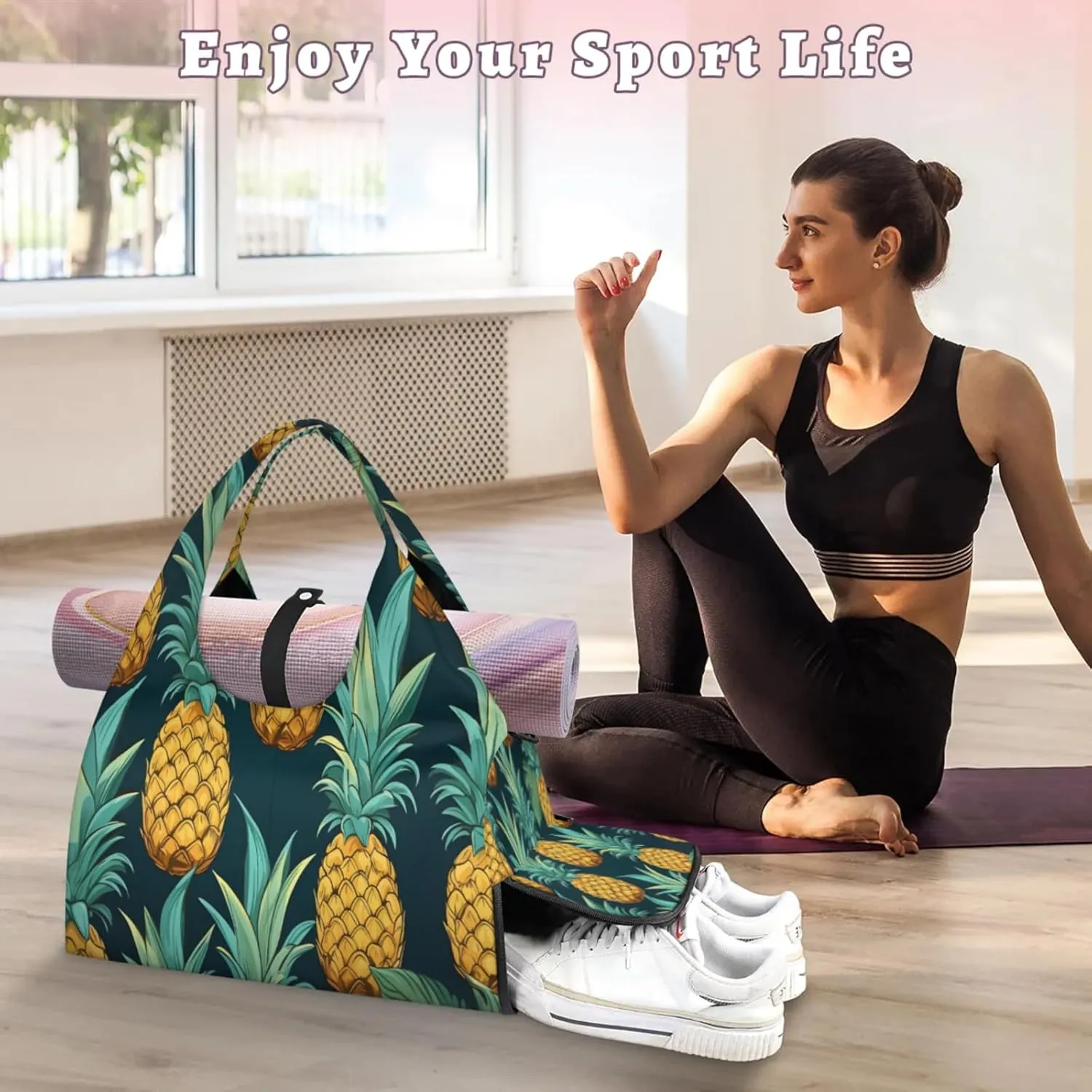 Pineapple Tropical Waterproof Gym Bag for Men Women, Sports Duffel Bag with Shoe Compartment Yoga Mat Holder, Portable Large Travel Bag for Fitness, Camping, Weekend Trips
