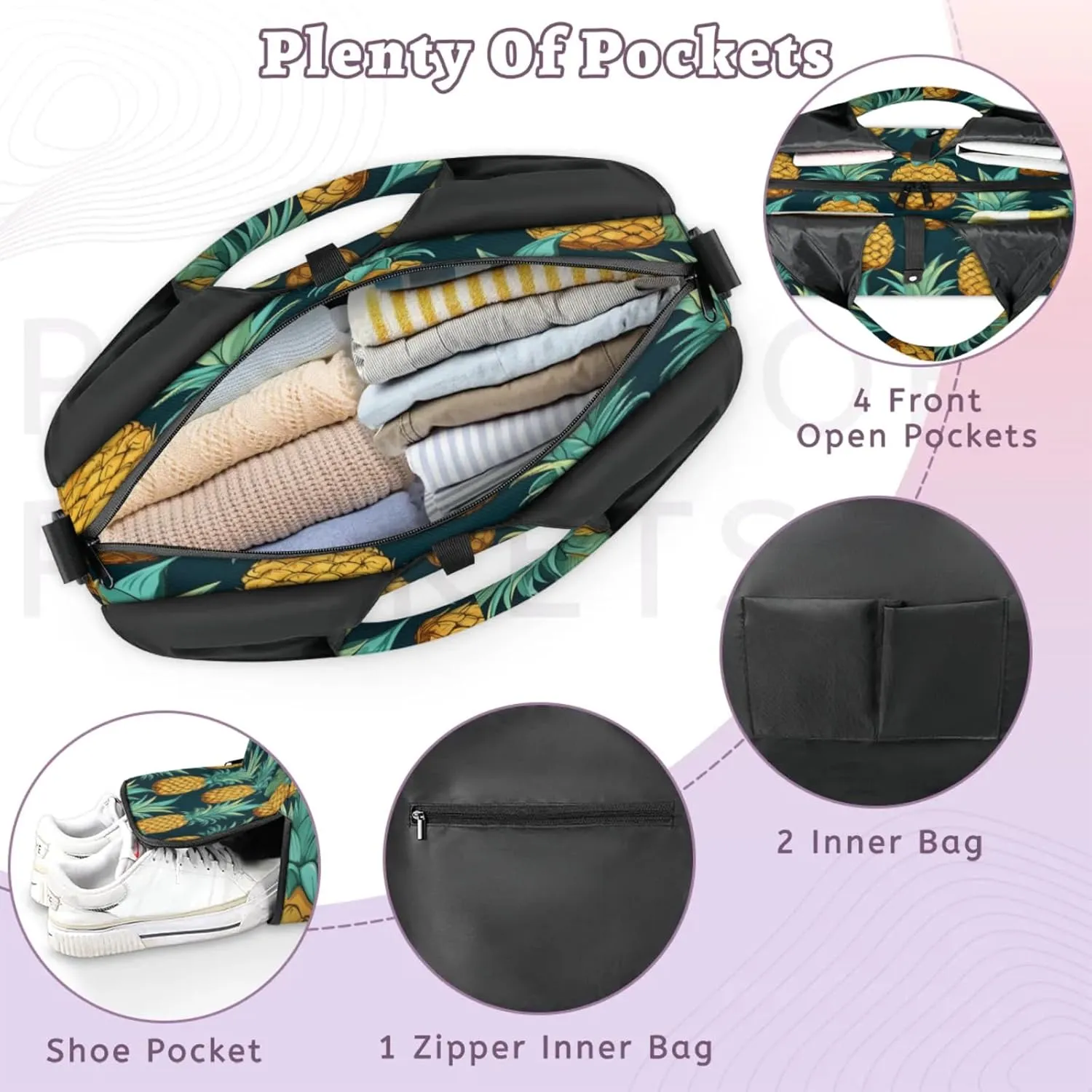 Pineapple Tropical Waterproof Gym Bag for Men Women, Sports Duffel Bag with Shoe Compartment Yoga Mat Holder, Portable Large Travel Bag for Fitness, Camping, Weekend Trips