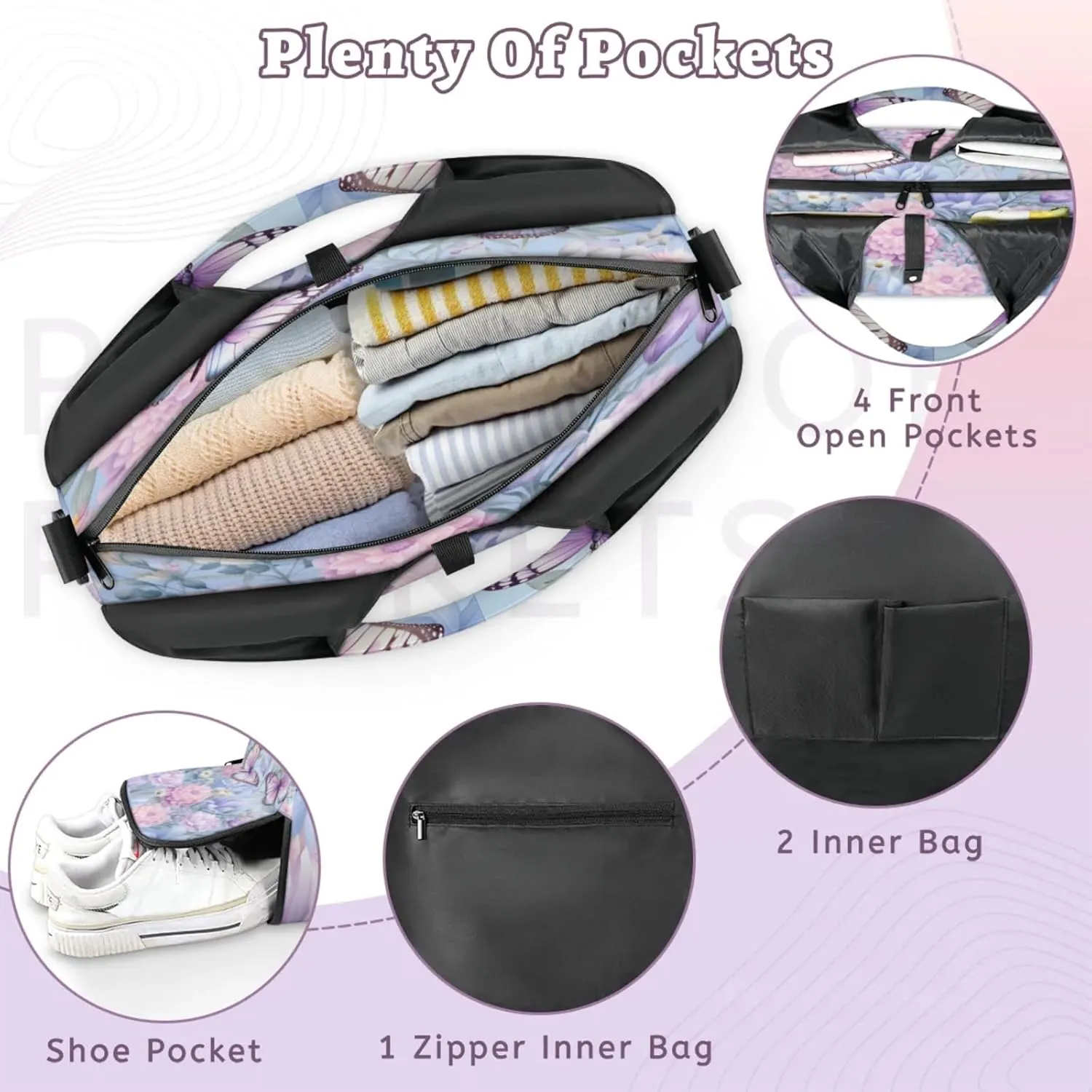 Pink Blue Butterfly Waterproof Gym Bag for Men Women, Sports Duffel Bag with Shoe Compartment Yoga Mat Holder, Portable Large Travel Bag for Fitness, Camping, Weekend Trips