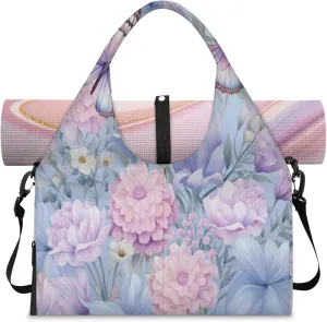 Pink Blue Butterfly Waterproof Gym Bag for Men Women, Sports Duffel Bag with Shoe Compartment Yoga Mat Holder, Portable Large Travel Bag for Fitness, Camping, Weekend Trips