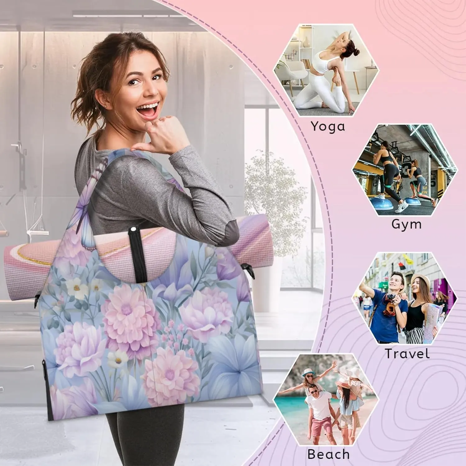 Pink Blue Butterfly Waterproof Gym Bag for Men Women, Sports Duffel Bag with Shoe Compartment Yoga Mat Holder, Portable Large Travel Bag for Fitness, Camping, Weekend Trips