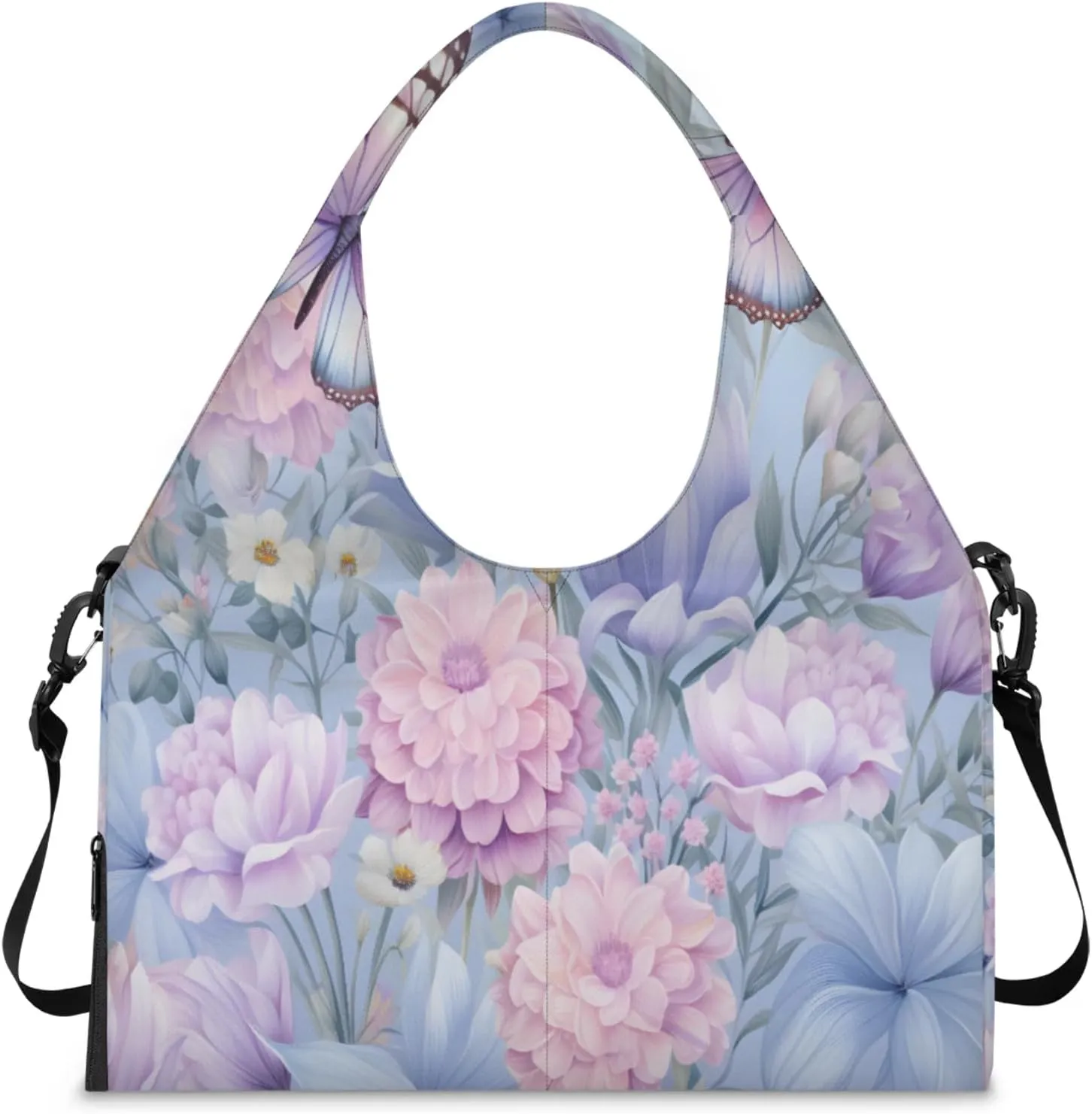 Pink Blue Butterfly Waterproof Gym Bag for Men Women, Sports Duffel Bag with Shoe Compartment Yoga Mat Holder, Portable Large Travel Bag for Fitness, Camping, Weekend Trips