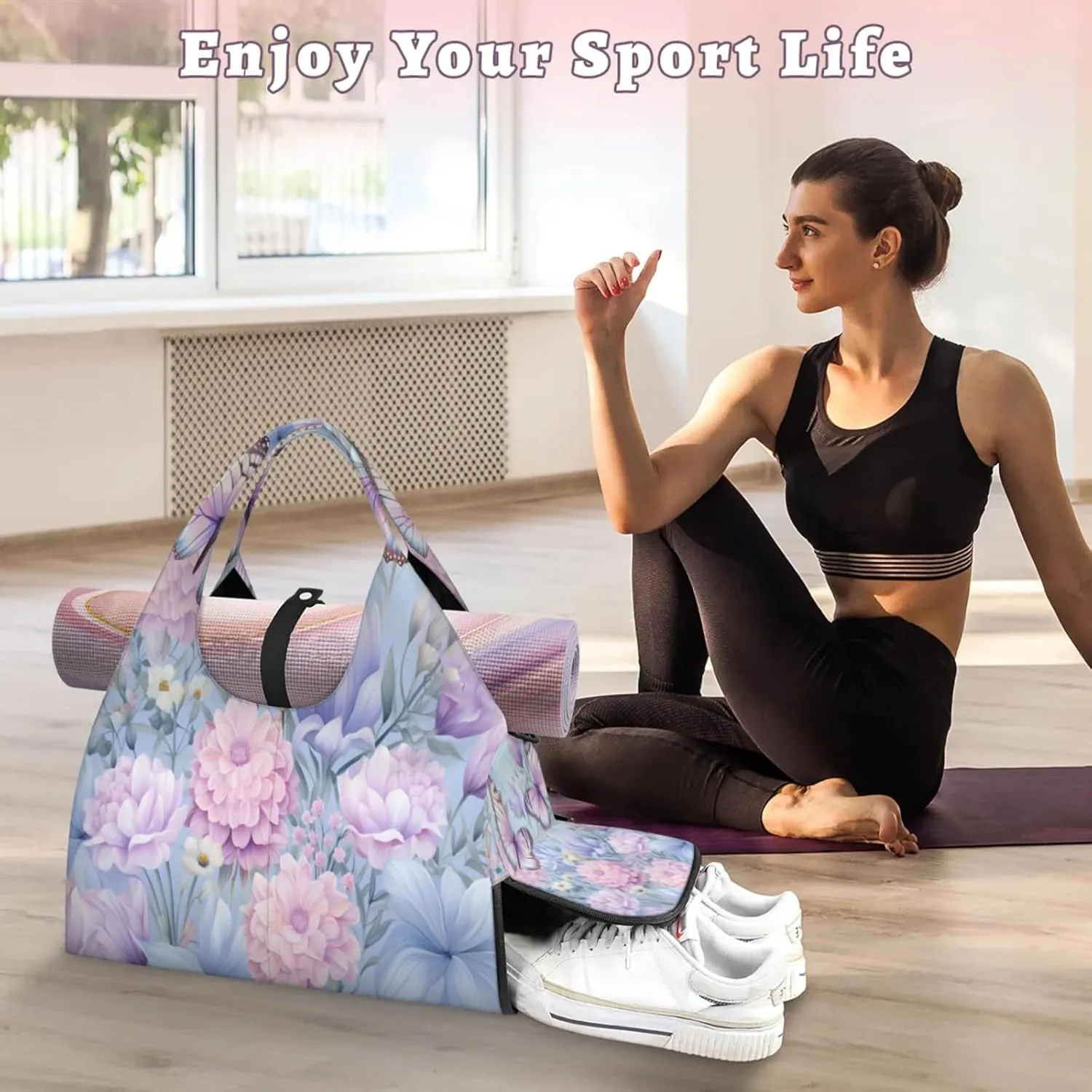 Pink Blue Butterfly Waterproof Gym Bag for Men Women, Sports Duffel Bag with Shoe Compartment Yoga Mat Holder, Portable Large Travel Bag for Fitness, Camping, Weekend Trips
