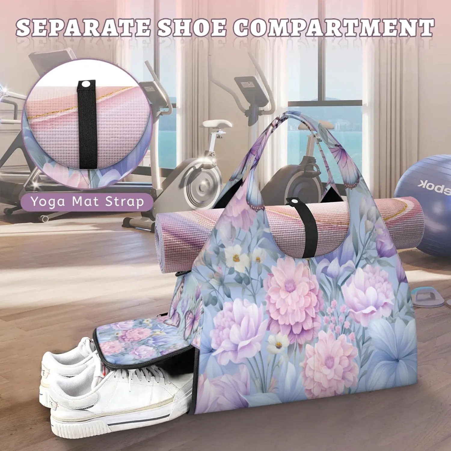 Pink Blue Butterfly Waterproof Gym Bag for Men Women, Sports Duffel Bag with Shoe Compartment Yoga Mat Holder, Portable Large Travel Bag for Fitness, Camping, Weekend Trips