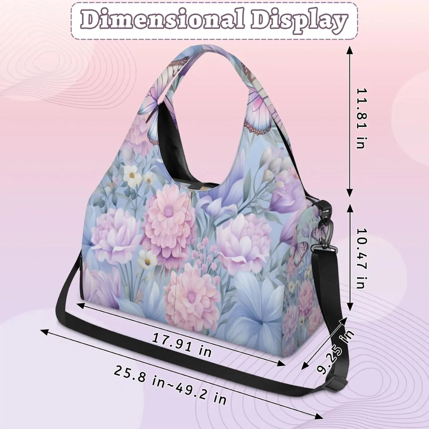 Pink Blue Butterfly Waterproof Gym Bag for Men Women, Sports Duffel Bag with Shoe Compartment Yoga Mat Holder, Portable Large Travel Bag for Fitness, Camping, Weekend Trips