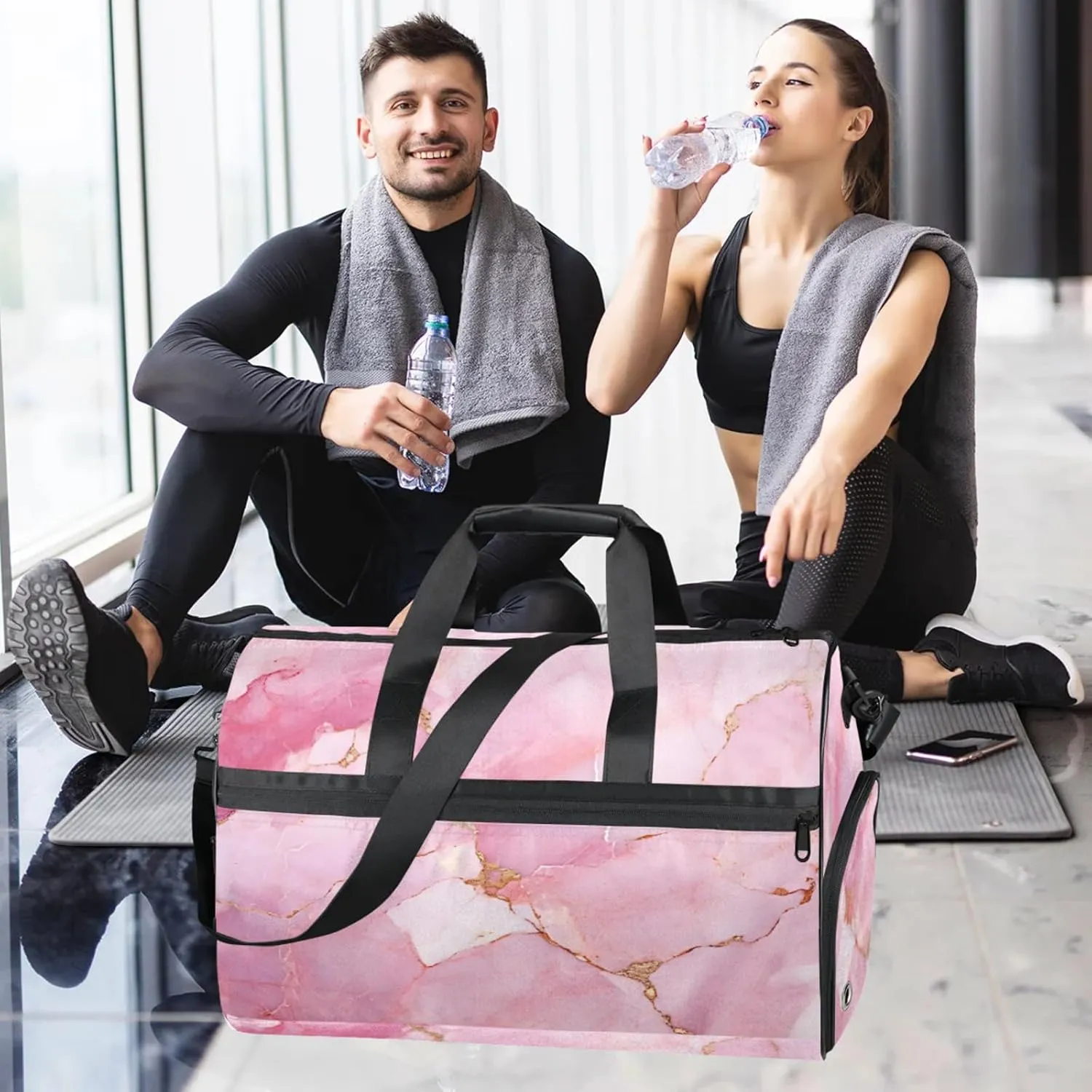 Pink Gym Duffle Bag for Men, Marble Texture Waterproof Sports duffle bag for travel Weekender Bags for Women Overnight Bag with Shoes Compartment