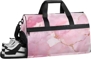 Pink Gym Duffle Bag for Men, Marble Texture Waterproof Sports duffle bag for travel Weekender Bags for Women Overnight Bag with Shoes Compartment