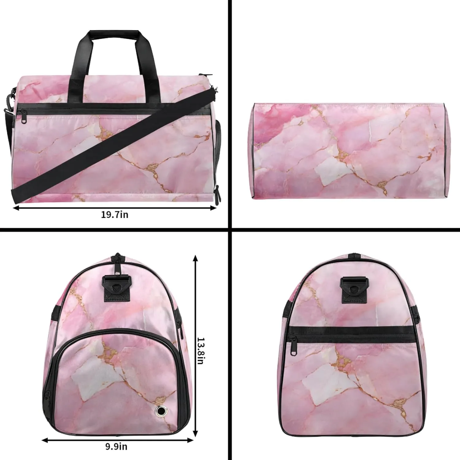 Pink Gym Duffle Bag for Men, Marble Texture Waterproof Sports duffle bag for travel Weekender Bags for Women Overnight Bag with Shoes Compartment
