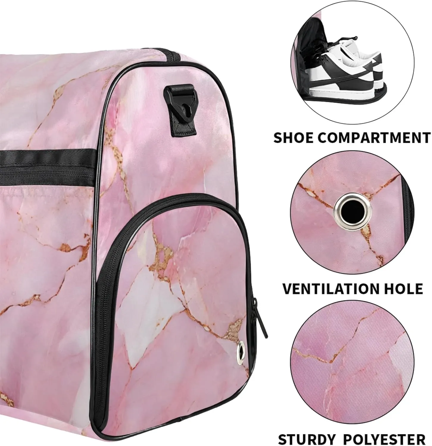 Pink Gym Duffle Bag for Men, Marble Texture Waterproof Sports duffle bag for travel Weekender Bags for Women Overnight Bag with Shoes Compartment