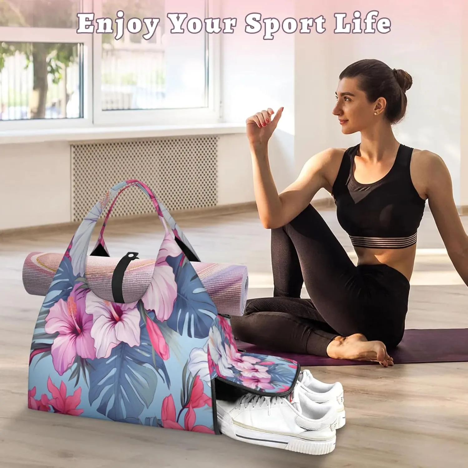 Pink White Hibiscus Design Waterproof Gym Bag for Men Women, Sports Duffel Bag with Shoe Compartment Yoga Mat Holder, Portable Large Travel Bag for Fitness, Camping, Weekend Trips