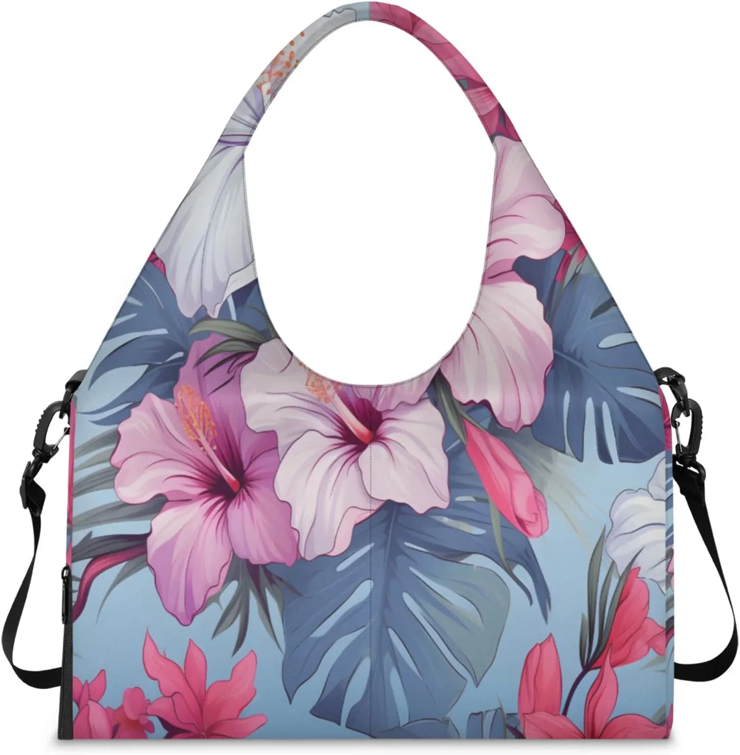 Pink White Hibiscus Design Waterproof Gym Bag for Men Women, Sports Duffel Bag with Shoe Compartment Yoga Mat Holder, Portable Large Travel Bag for Fitness, Camping, Weekend Trips