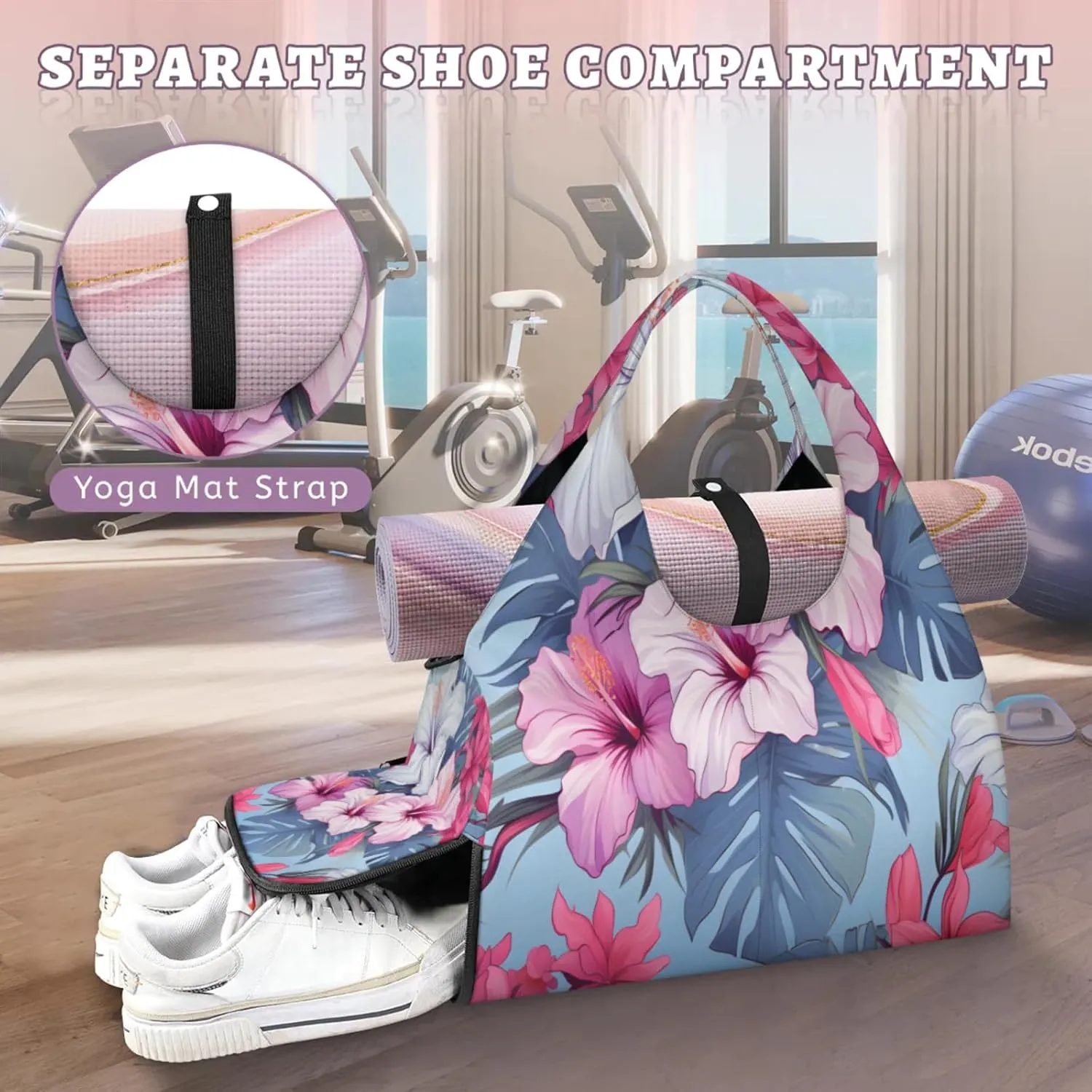Pink White Hibiscus Design Waterproof Gym Bag for Men Women, Sports Duffel Bag with Shoe Compartment Yoga Mat Holder, Portable Large Travel Bag for Fitness, Camping, Weekend Trips