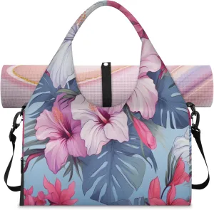 Pink White Hibiscus Design Waterproof Gym Bag for Men Women, Sports Duffel Bag with Shoe Compartment Yoga Mat Holder, Portable Large Travel Bag for Fitness, Camping, Weekend Trips